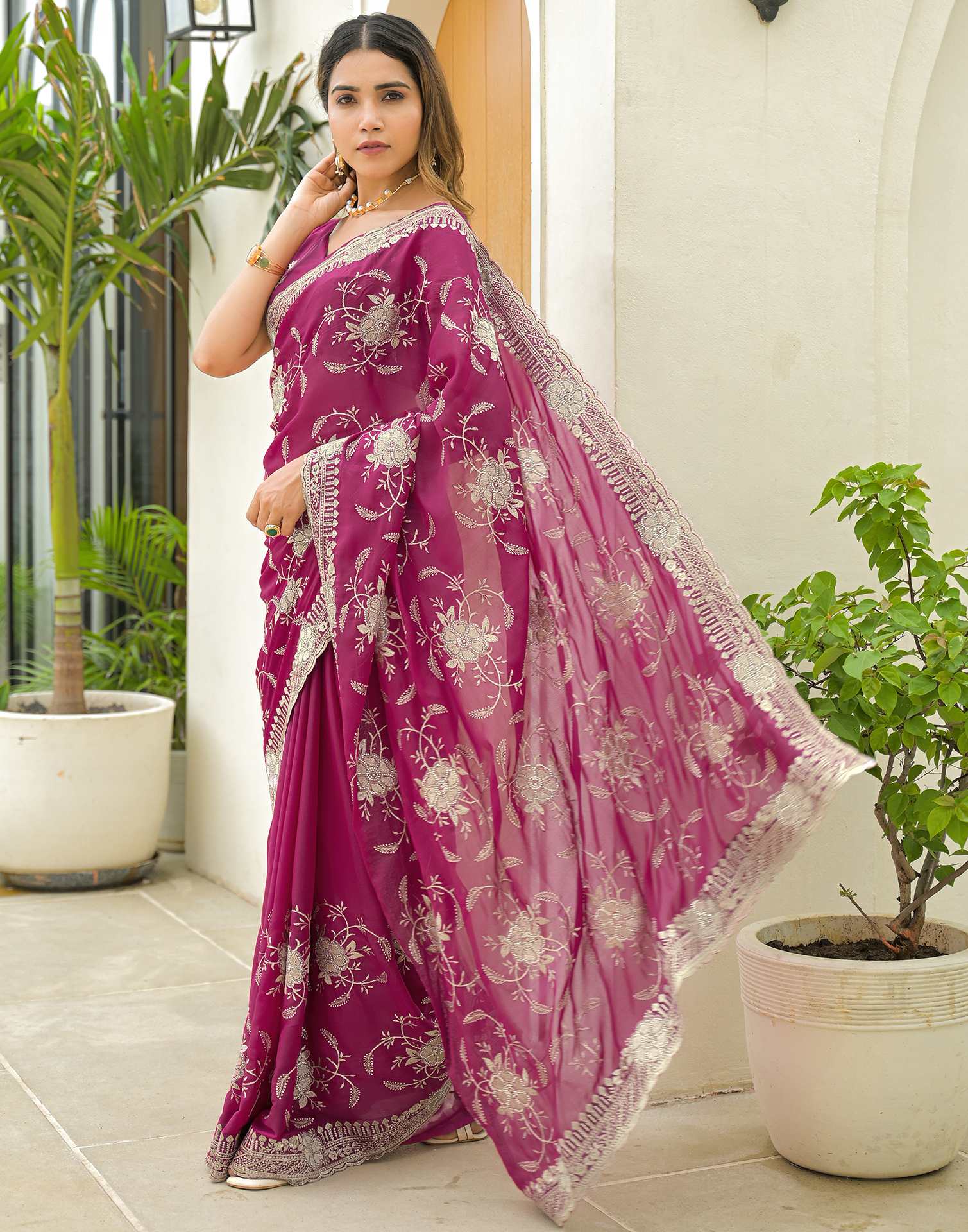 Rani Pink Georgette Embroidery Saree - Image 5