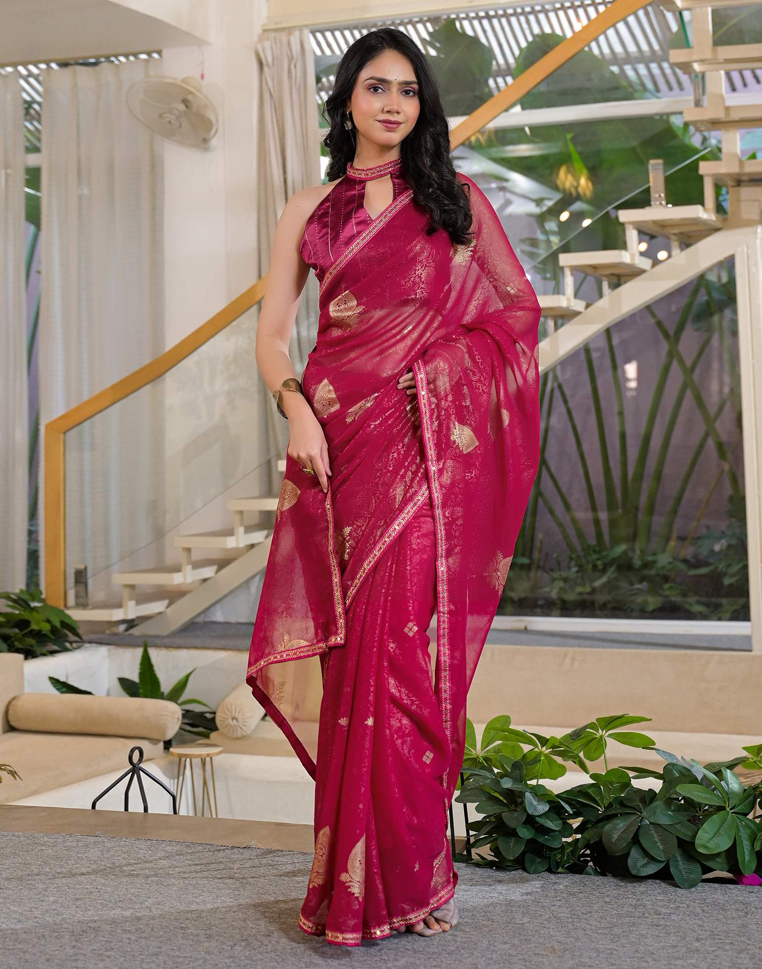 Rani Pink Georgette Foil Printed Lace Saree - Image 7