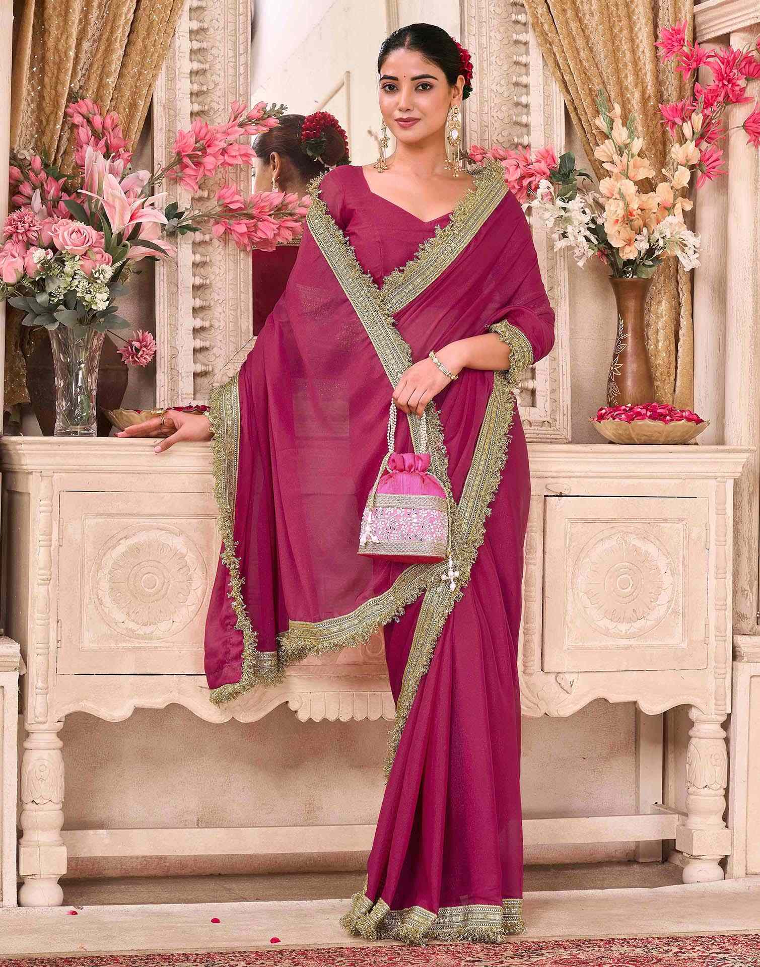 Rani Pink Georgette Gota Lace Saree - Image 5