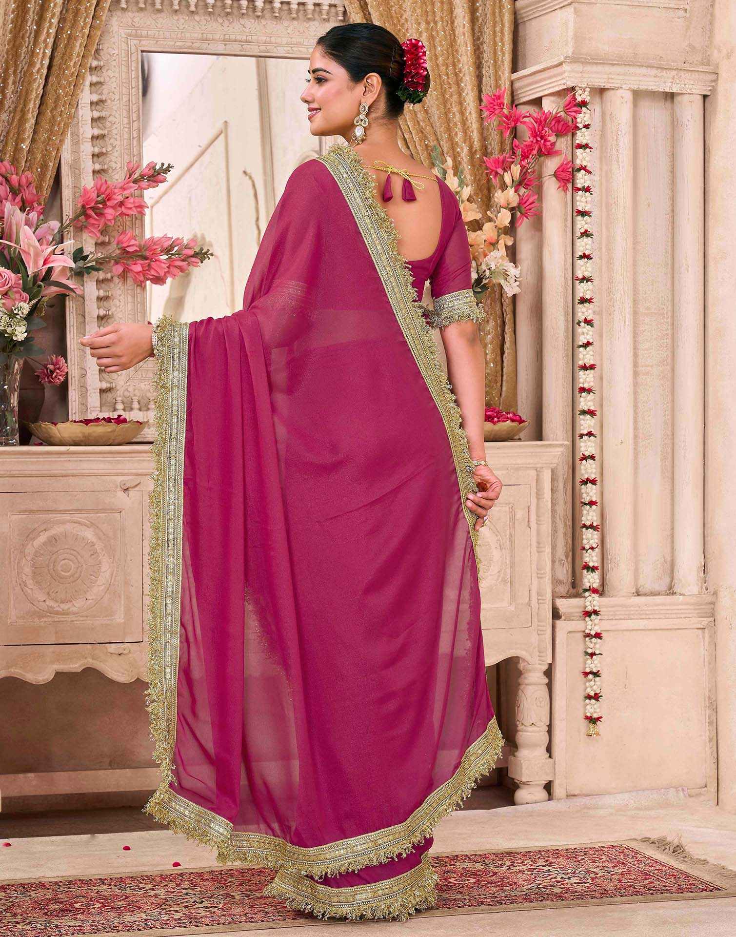Rani Pink Georgette Gota Lace Saree - Image 6