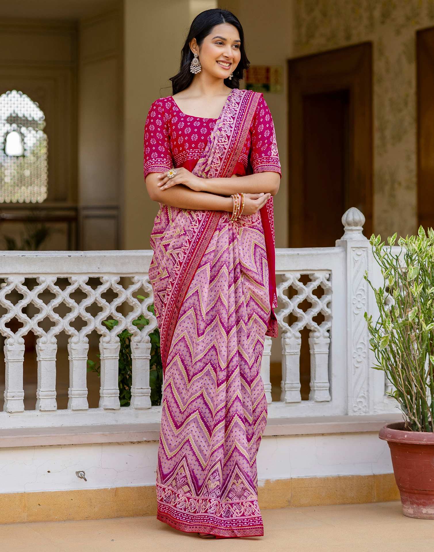 Rani Pink Georgette Ikkat Printed Lace Saree - Image 10
