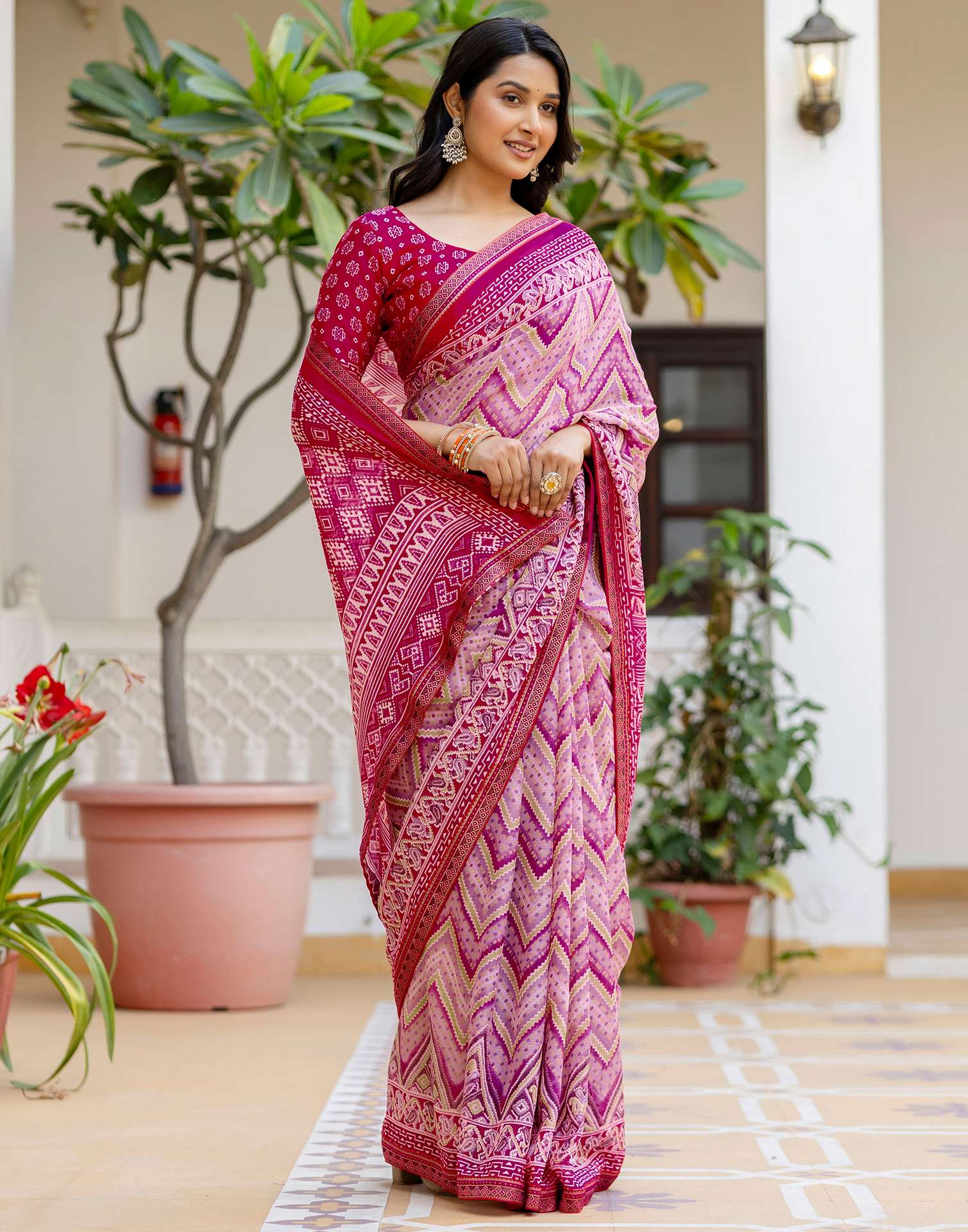 Rani Pink Georgette Ikkat Printed Lace Saree - Image 6