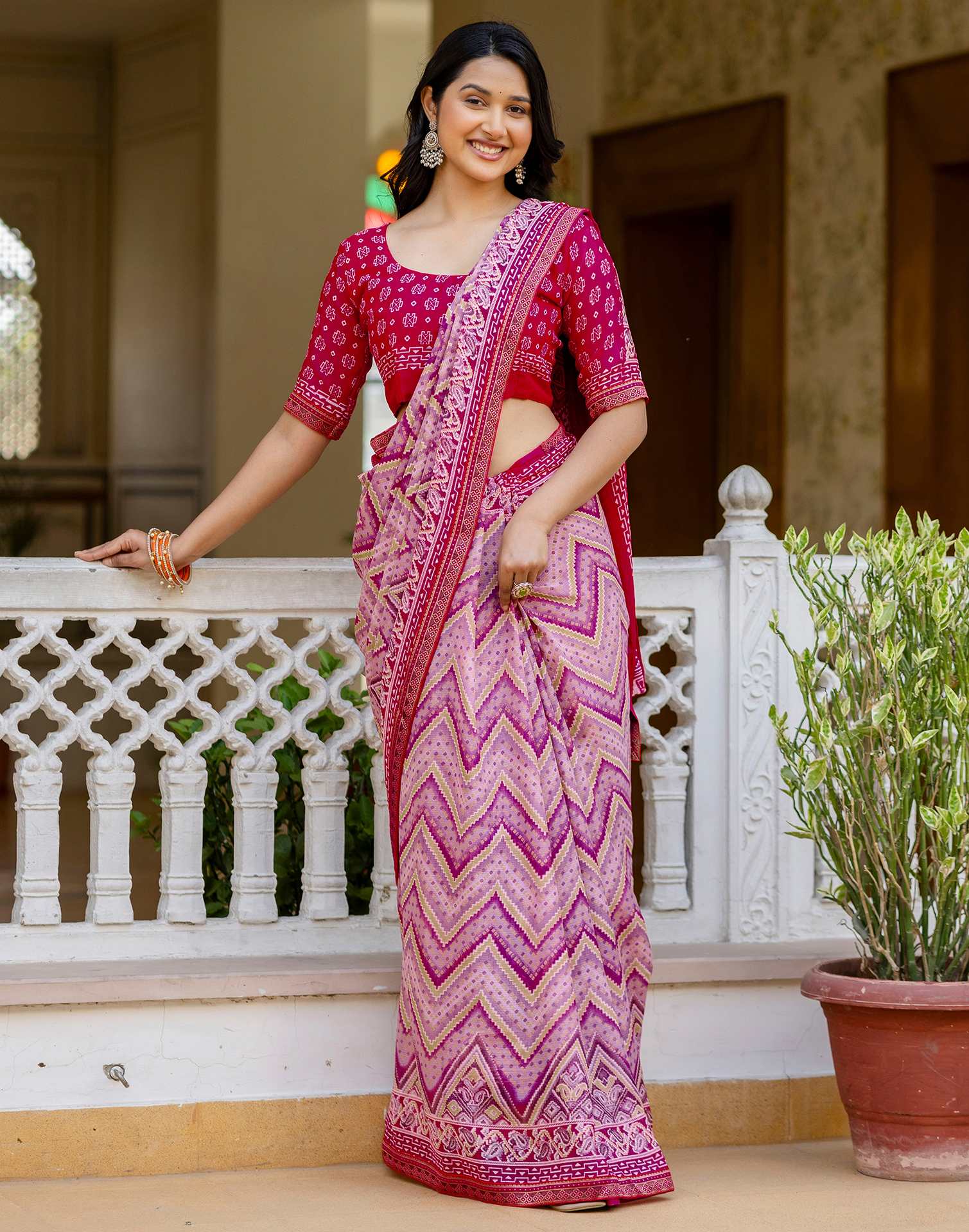 Rani Pink Georgette Ikkat Printed Lace Saree - Image 9