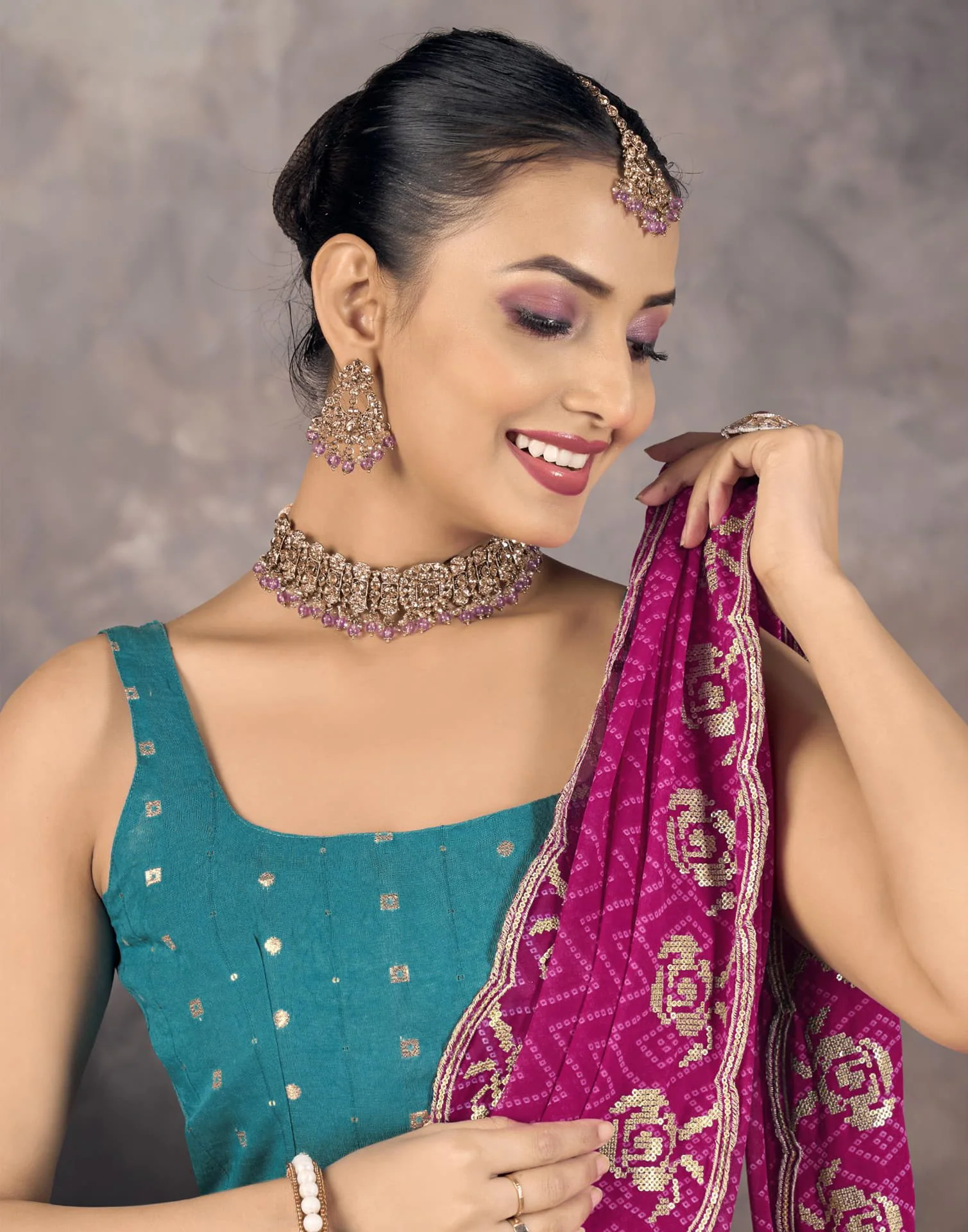 Rani Pink Georgette Printed Bandhani Saree - Image 2