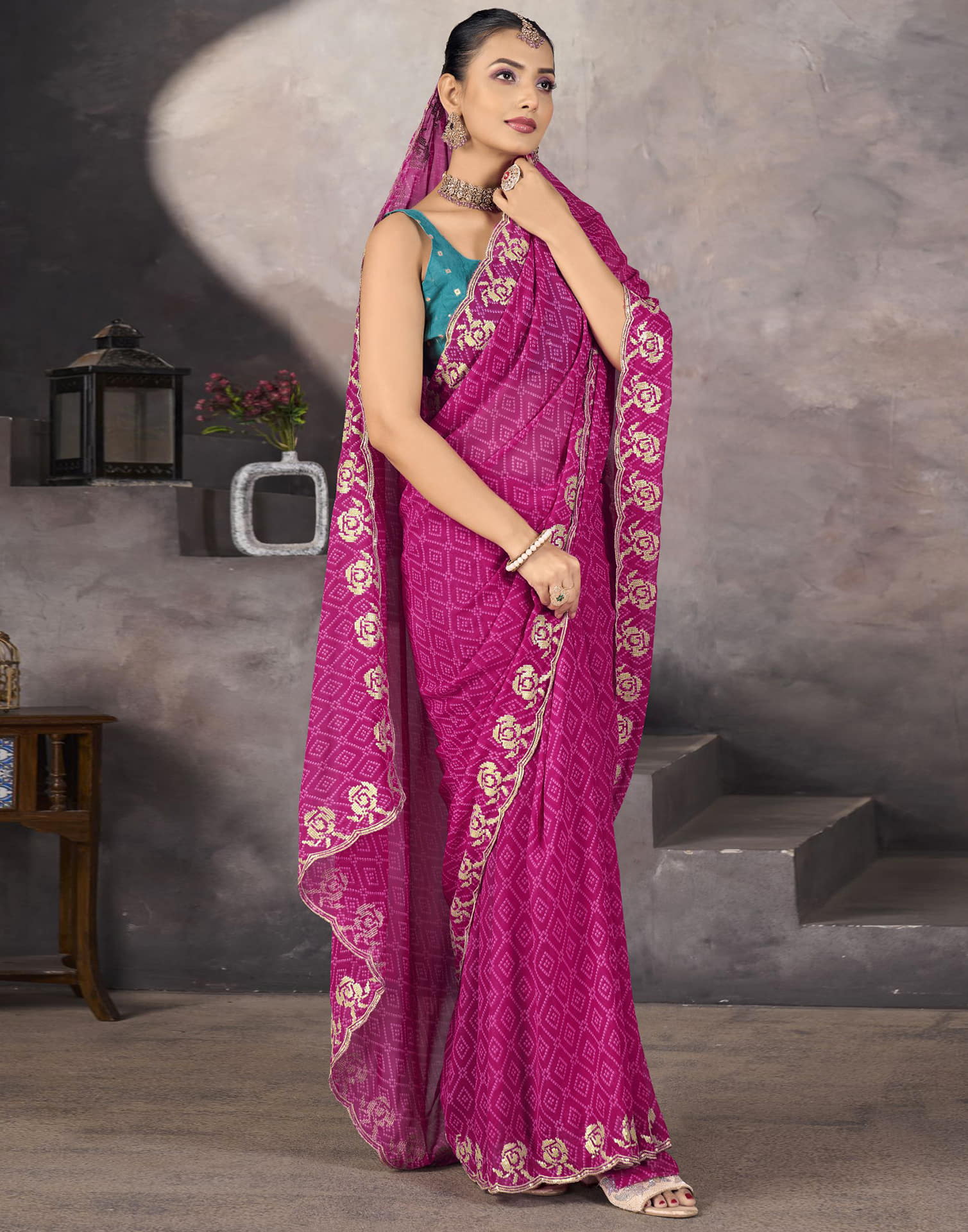 Rani Pink Georgette Printed Bandhani Saree - Image 3