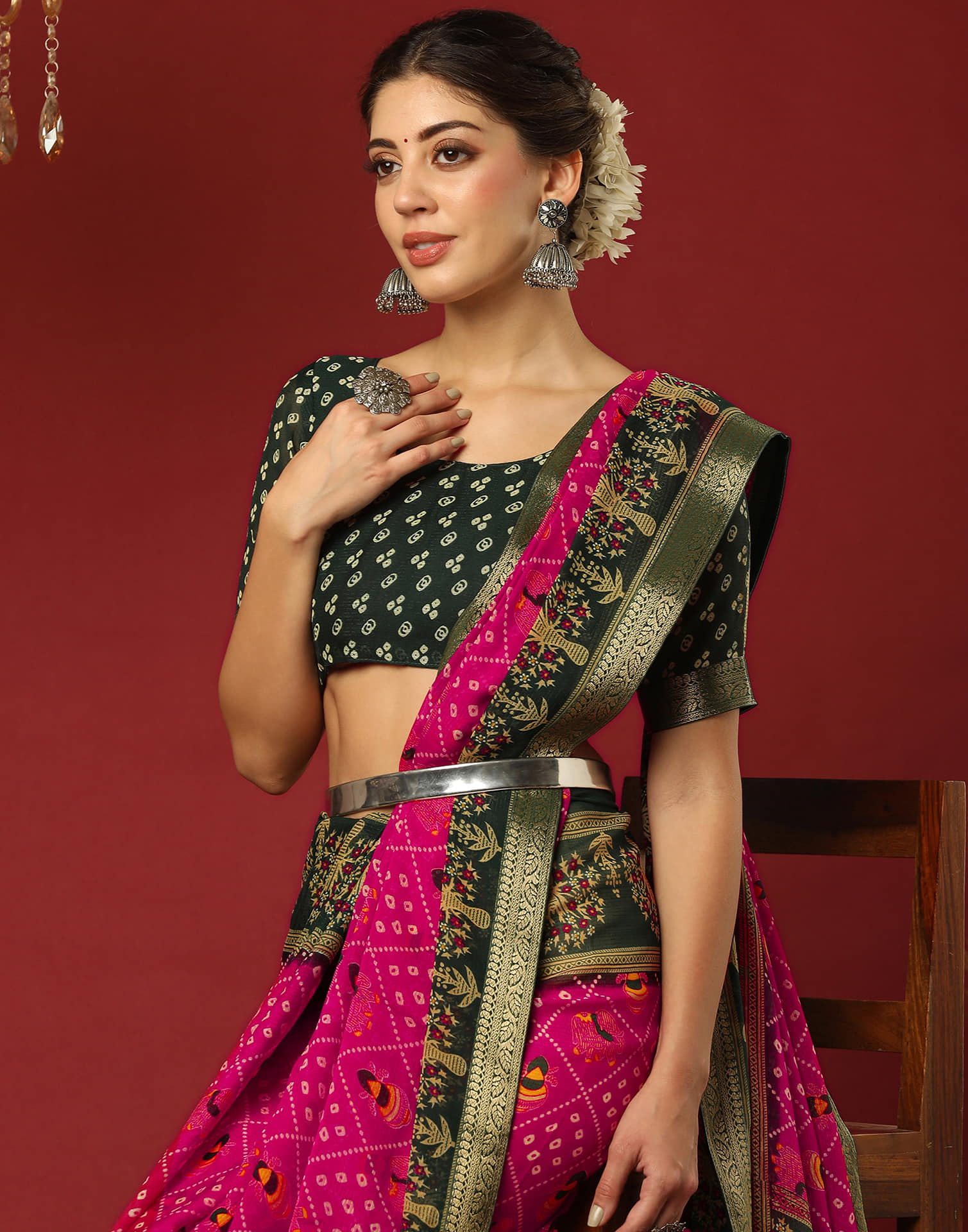 Rani Pink Georgette Printed Bandhani Saree - Image 2