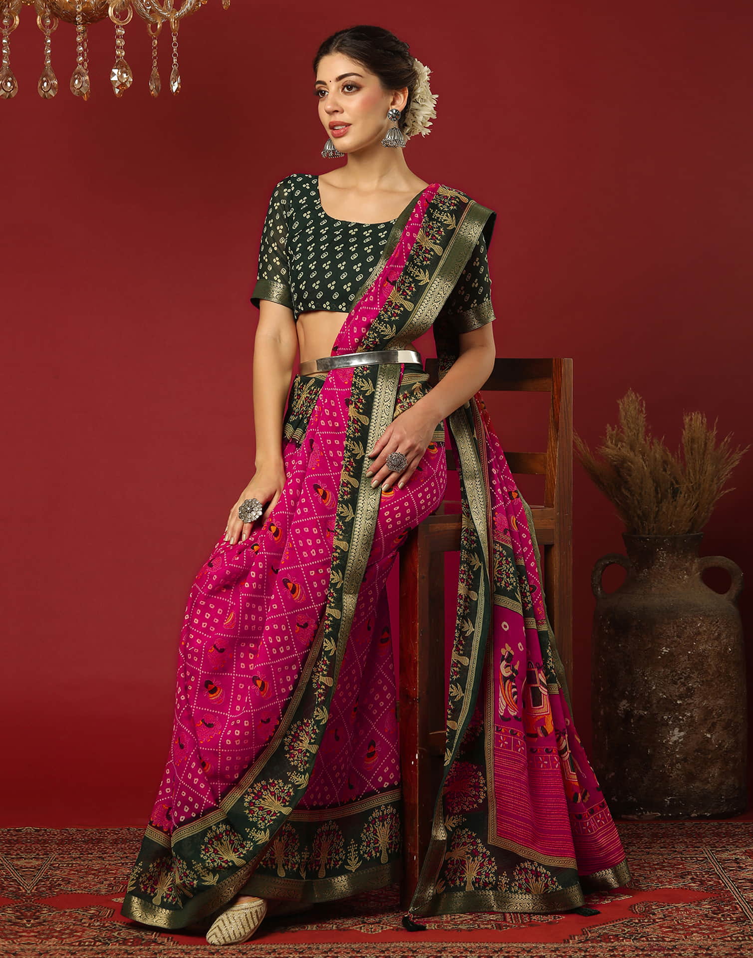 Rani Pink Georgette Printed Bandhani Saree - Image 4
