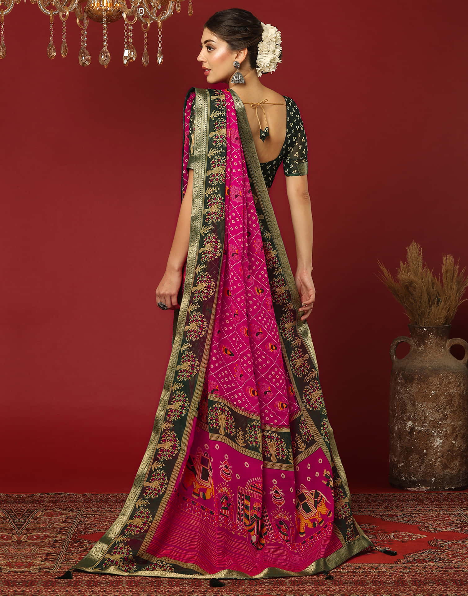Rani Pink Georgette Printed Bandhani Saree - Image 5