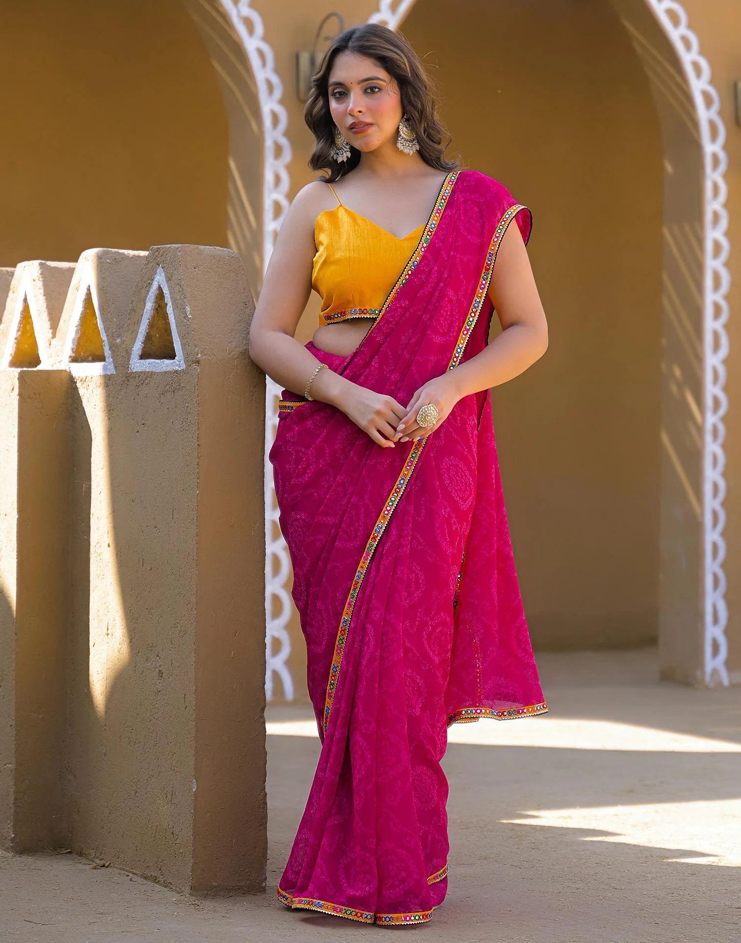 Rani Pink Georgette Printed Bandhani Saree - Image 2