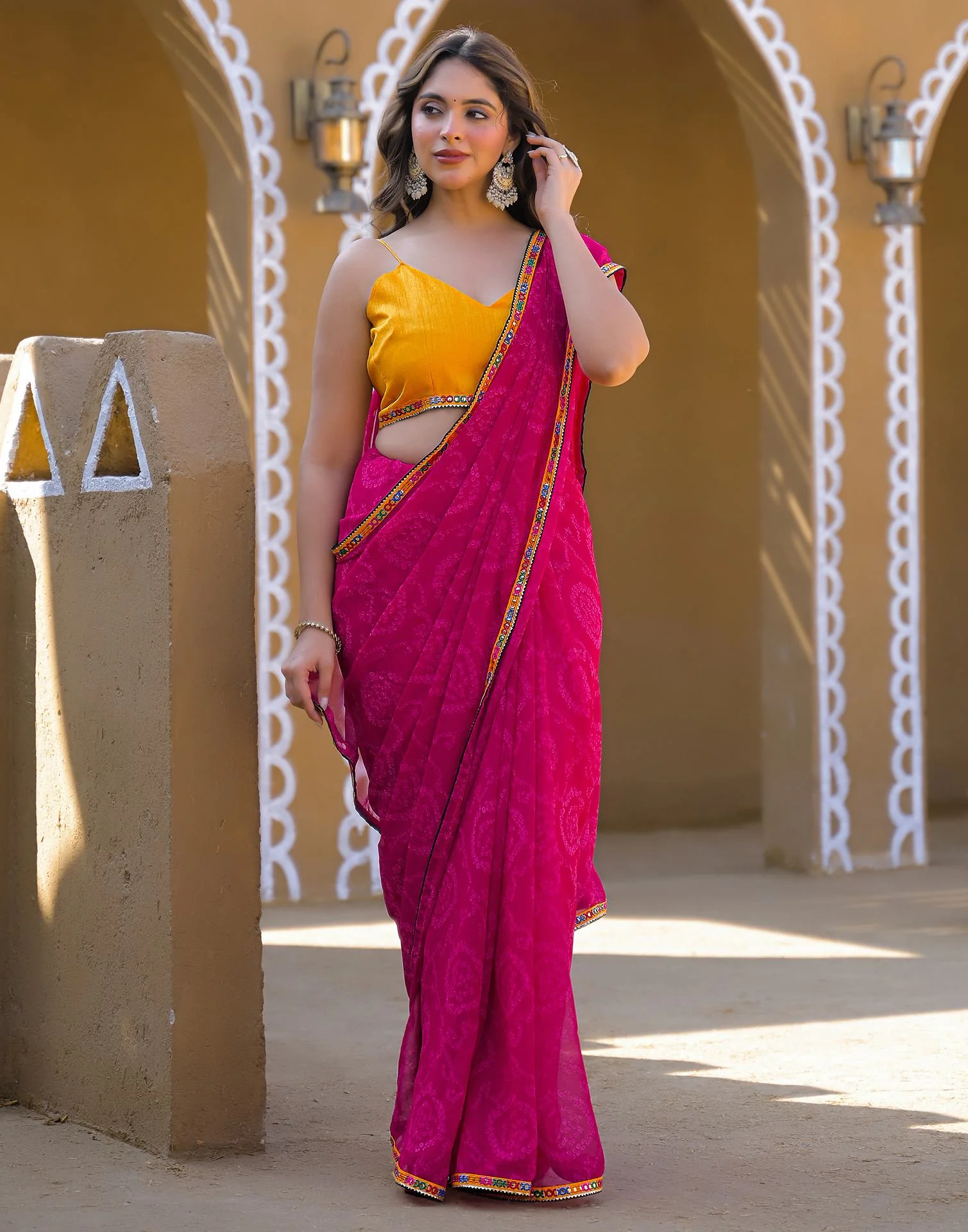 Rani Pink Georgette Printed Bandhani Saree - Image 6
