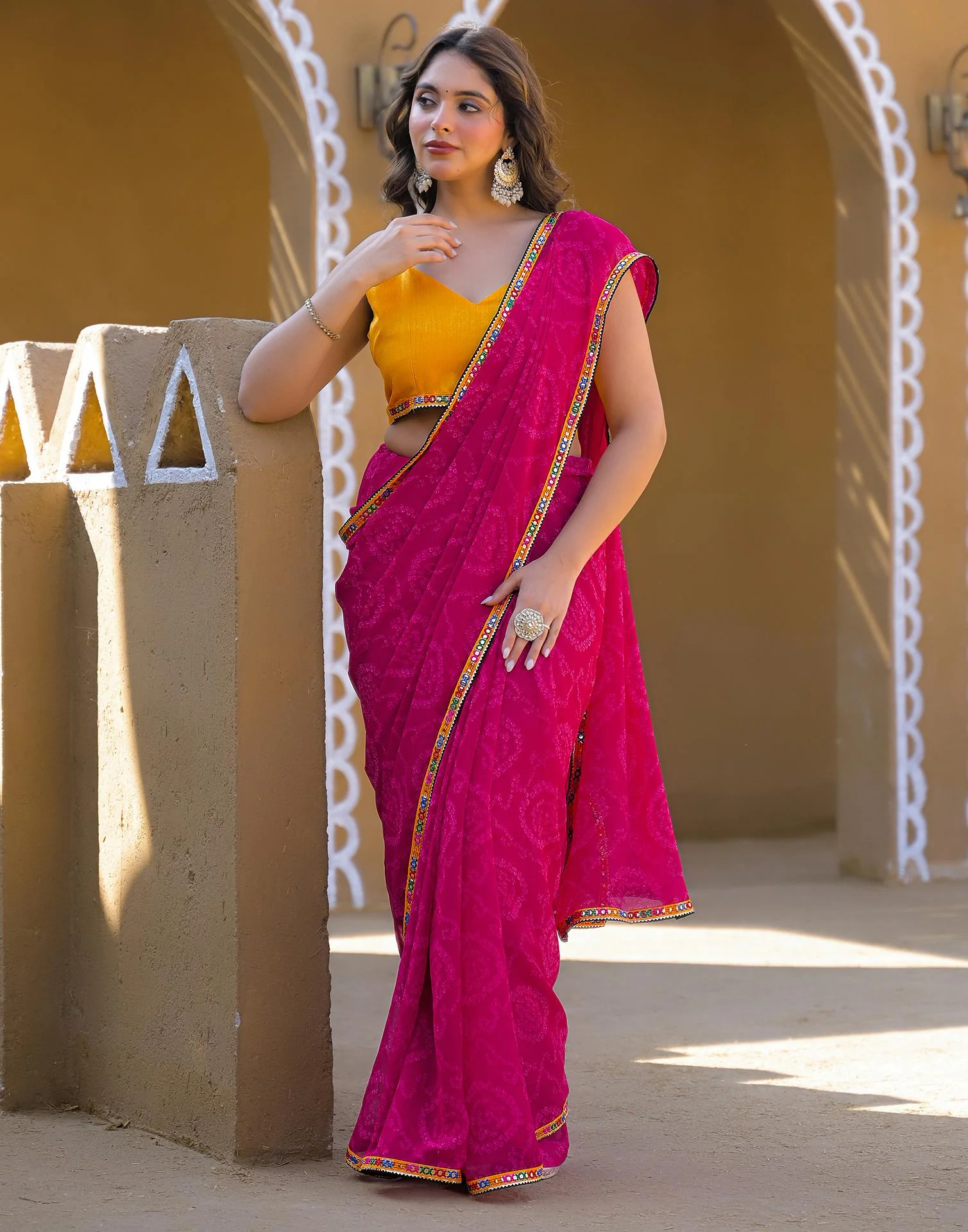 Rani Pink Georgette Printed Bandhani Saree - Image 8