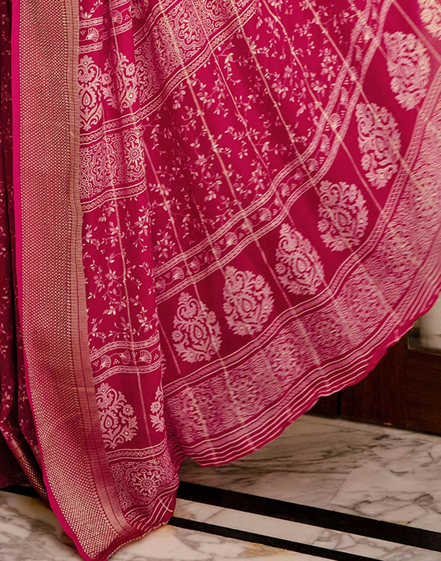 Rani Pink Georgette Printed Zari Stripe Saree - Image 10