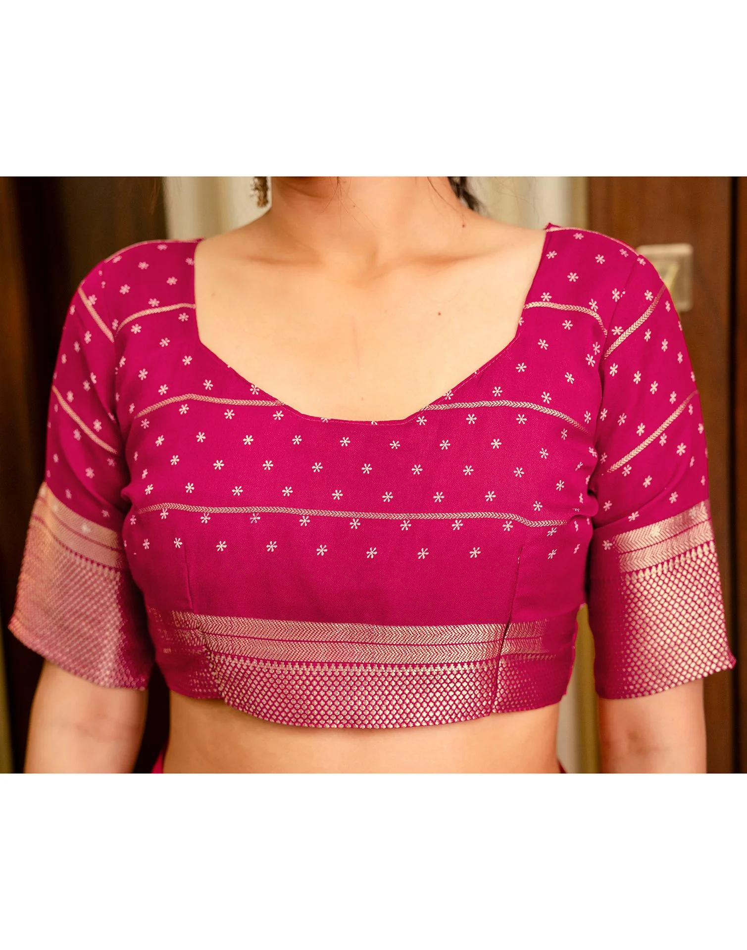 Rani Pink Georgette Printed Zari Stripe Saree - Image 13