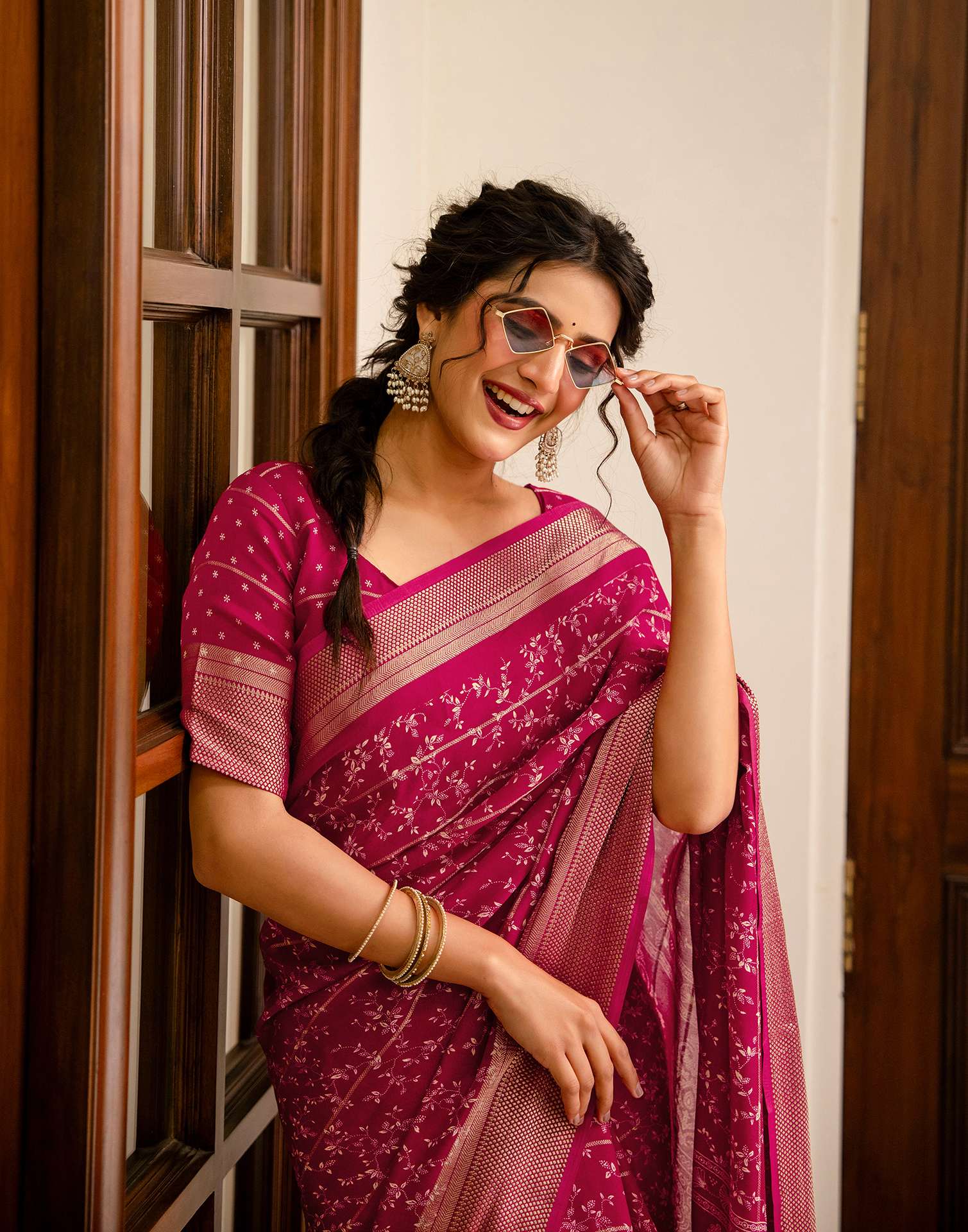 Rani Pink Georgette Printed Zari Stripe Saree - Image 2