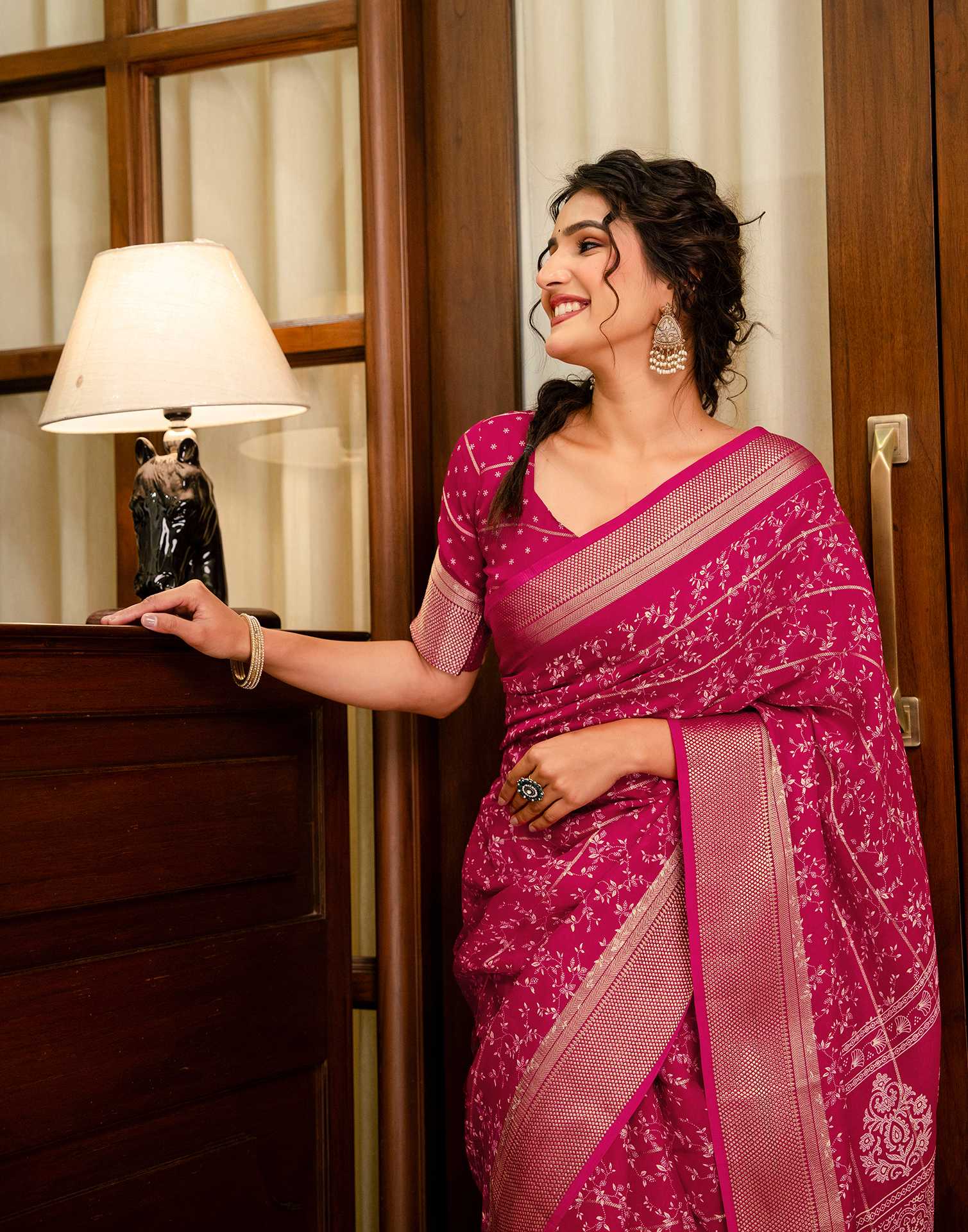 Rani Pink Georgette Printed Zari Stripe Saree - Image 4