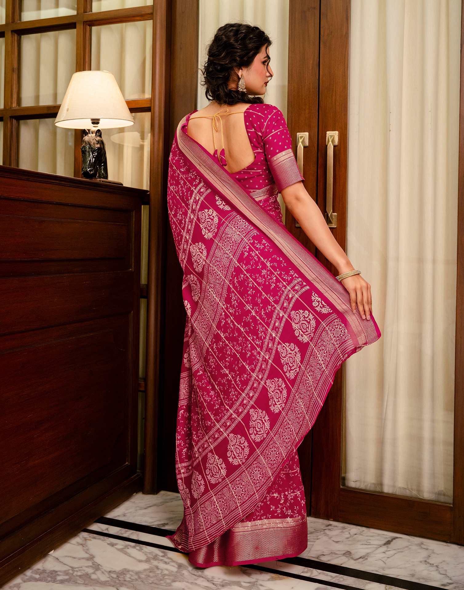 Rani Pink Georgette Printed Zari Stripe Saree - Image 7
