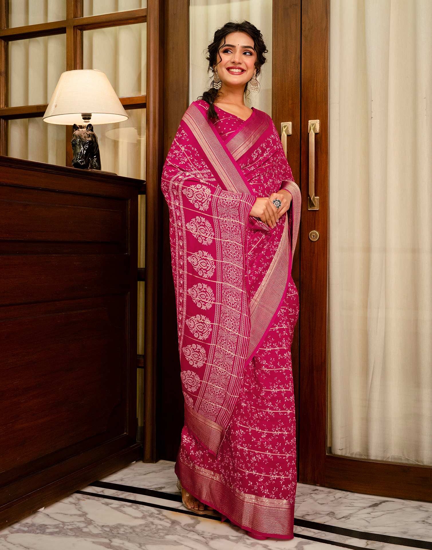 Rani Pink Georgette Printed Zari Stripe Saree - Image 8