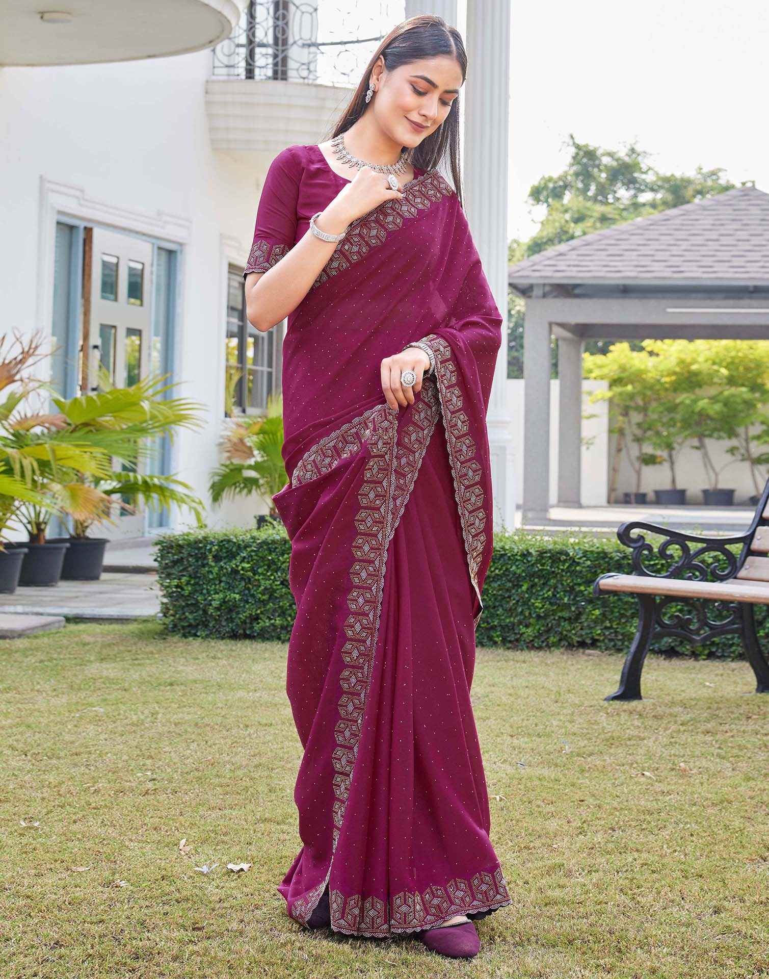Rani Pink Georgette Stone Work Embellished Saree - Image 5