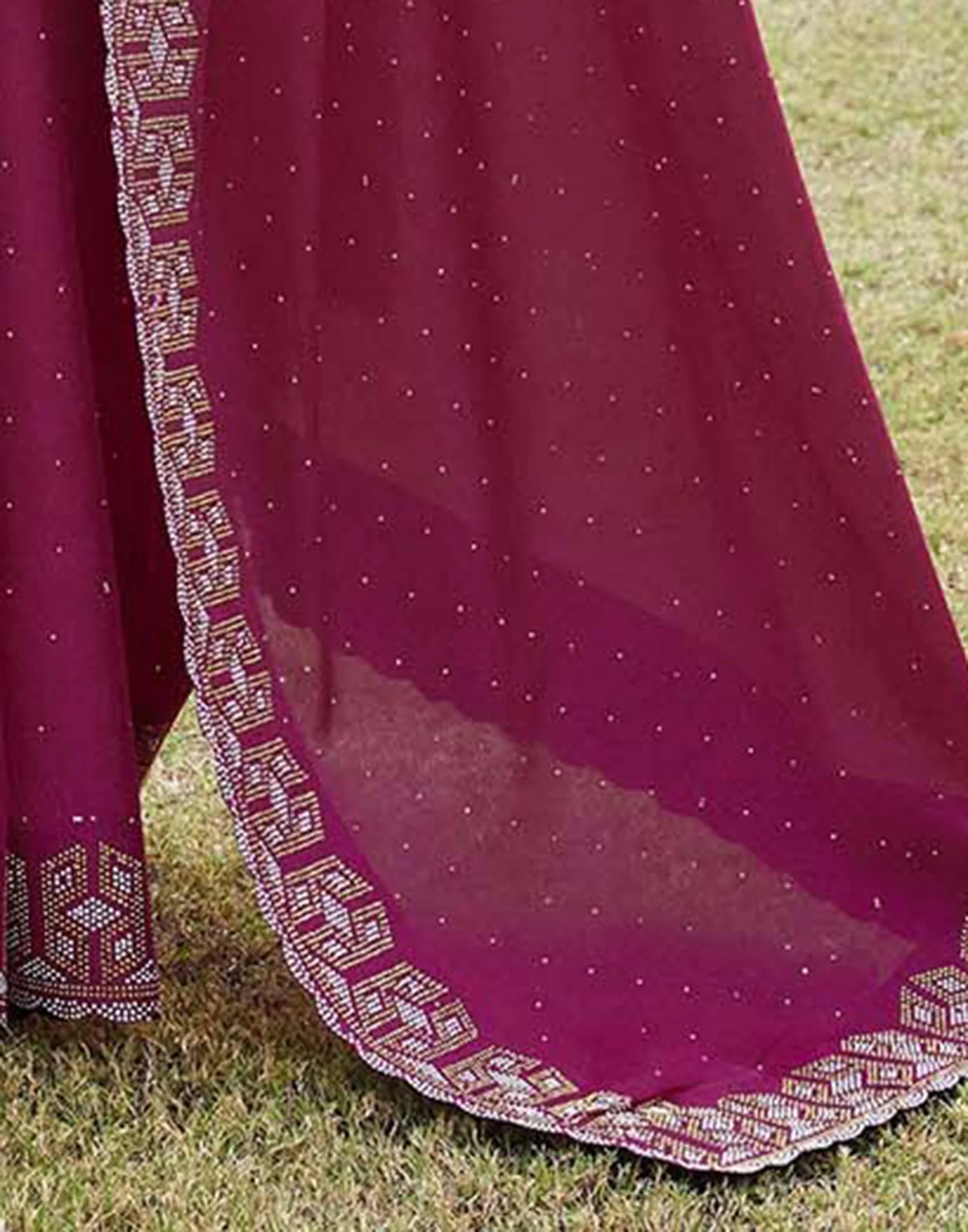 Rani Pink Georgette Stone Work Embellished Saree - Image 9