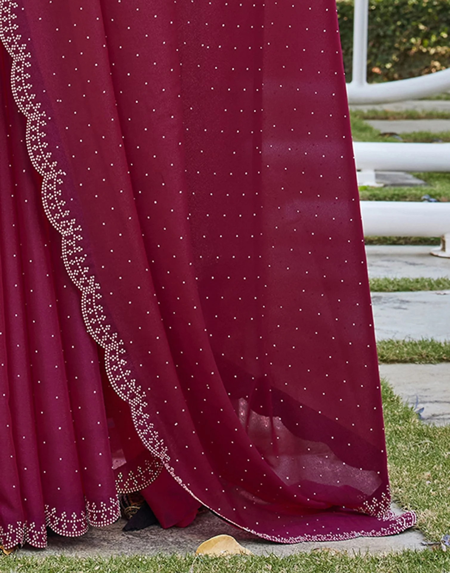Rani Pink Georgette Stone Work Swarovski Saree - Image 11
