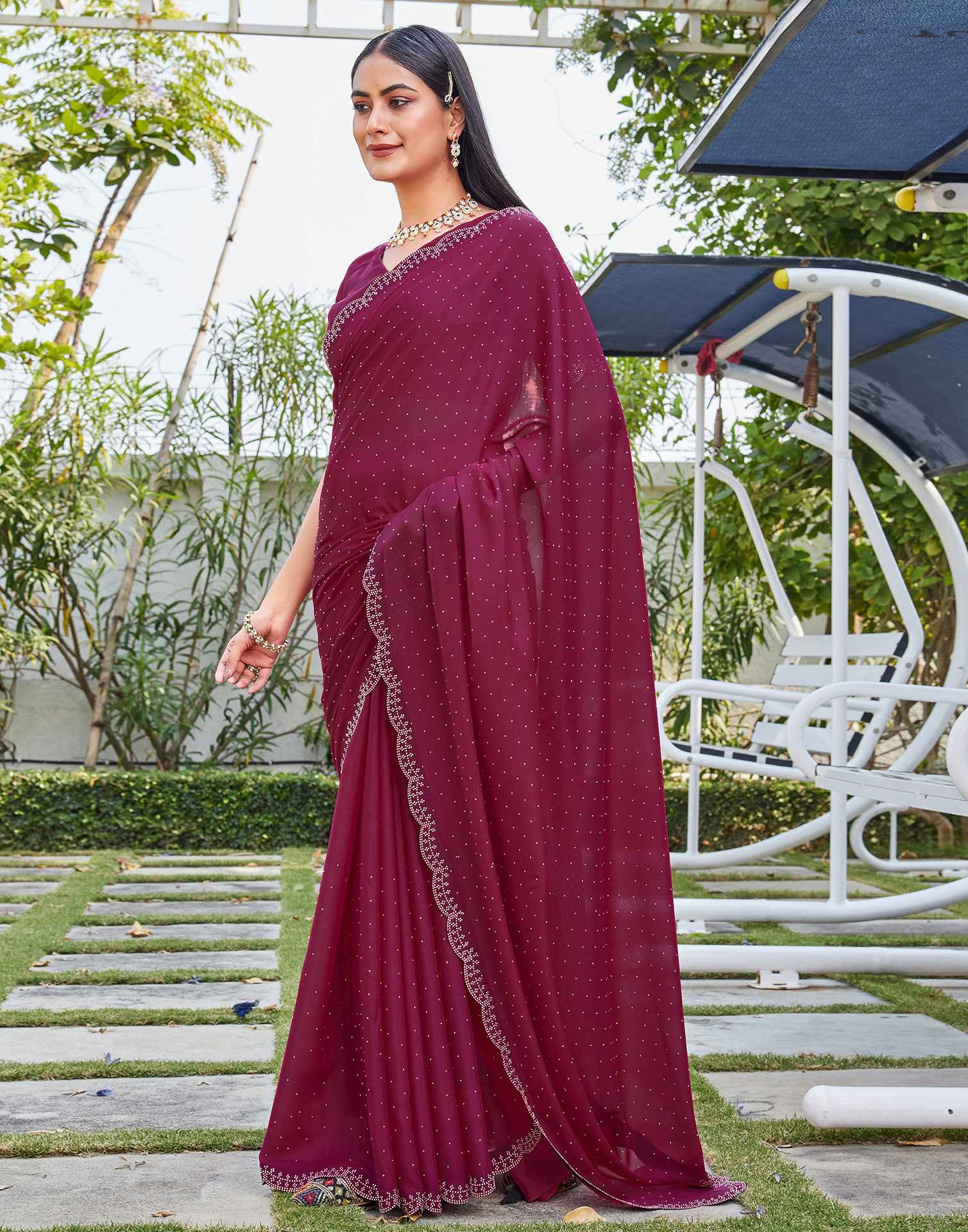 Rani Pink Georgette Stone Work Swarovski Saree - Image 4