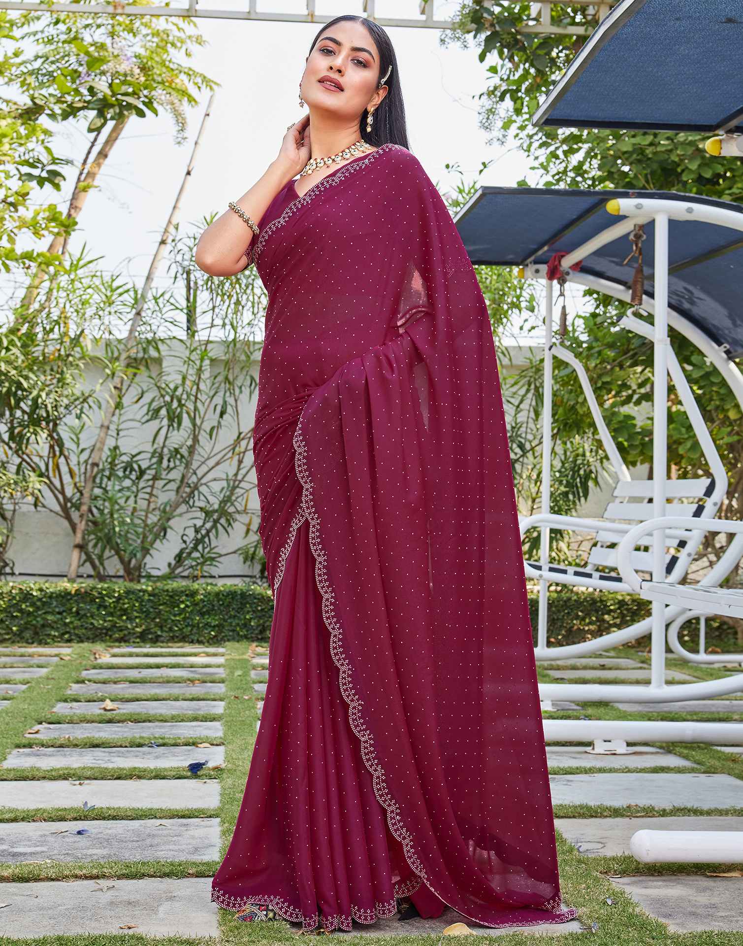 Rani Pink Georgette Stone Work Swarovski Saree - Image 5