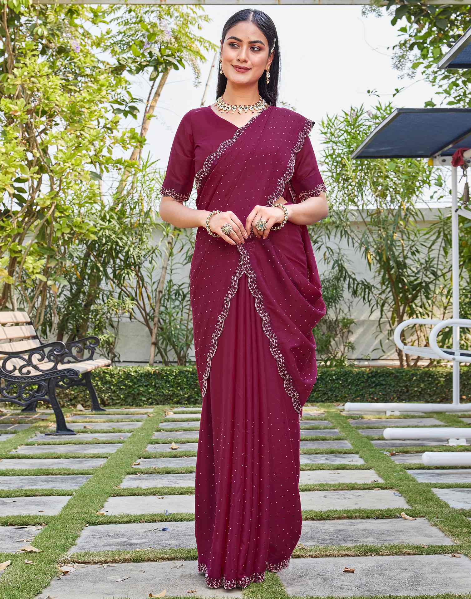 Rani Pink Georgette Stone Work Swarovski Saree - Image 7