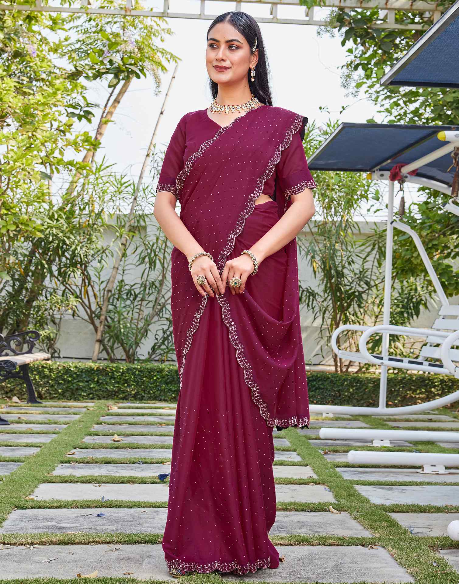 Rani Pink Georgette Stone Work Swarovski Saree - Image 8