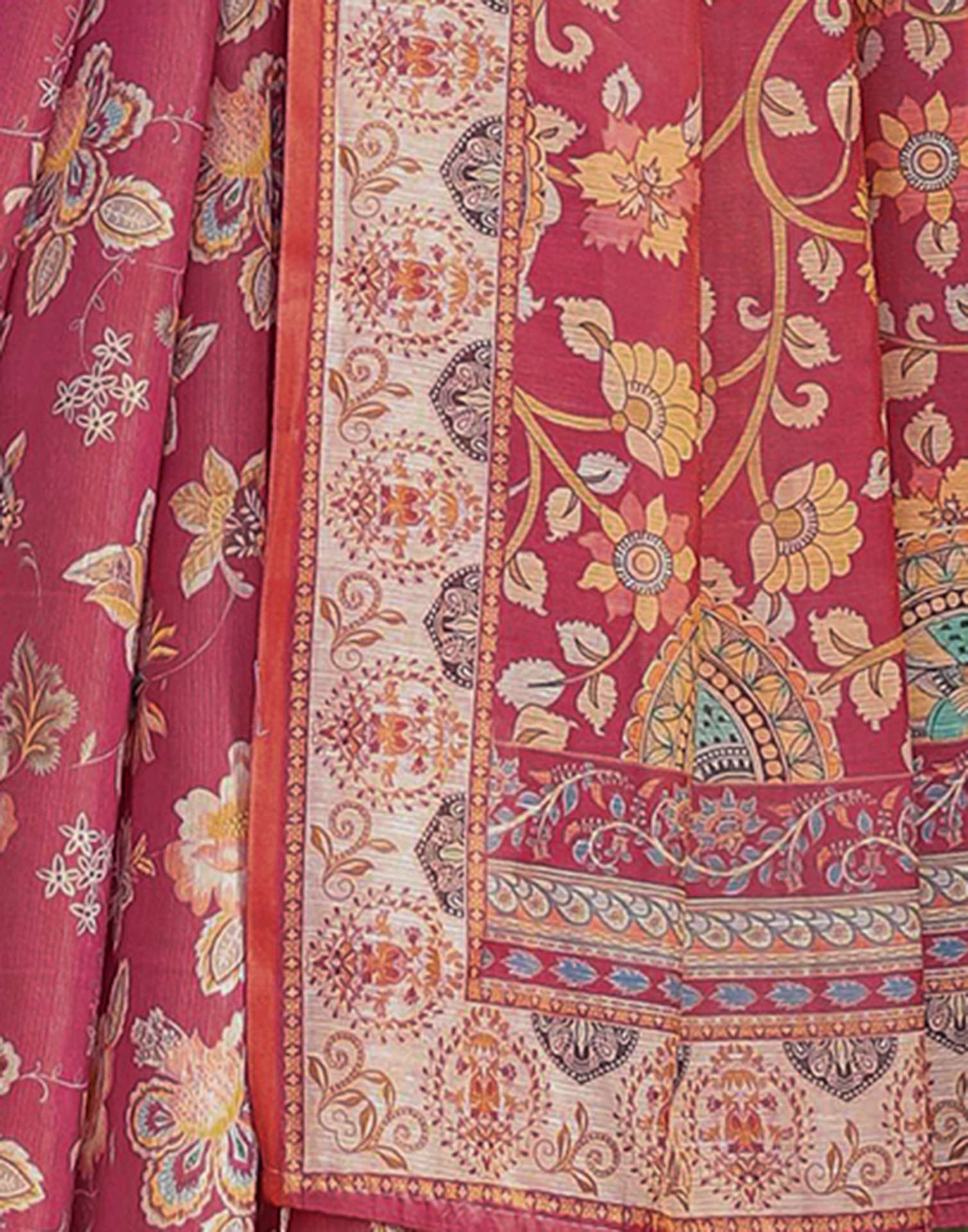 Rani Pink Linen Floral Printed Saree - Image 8