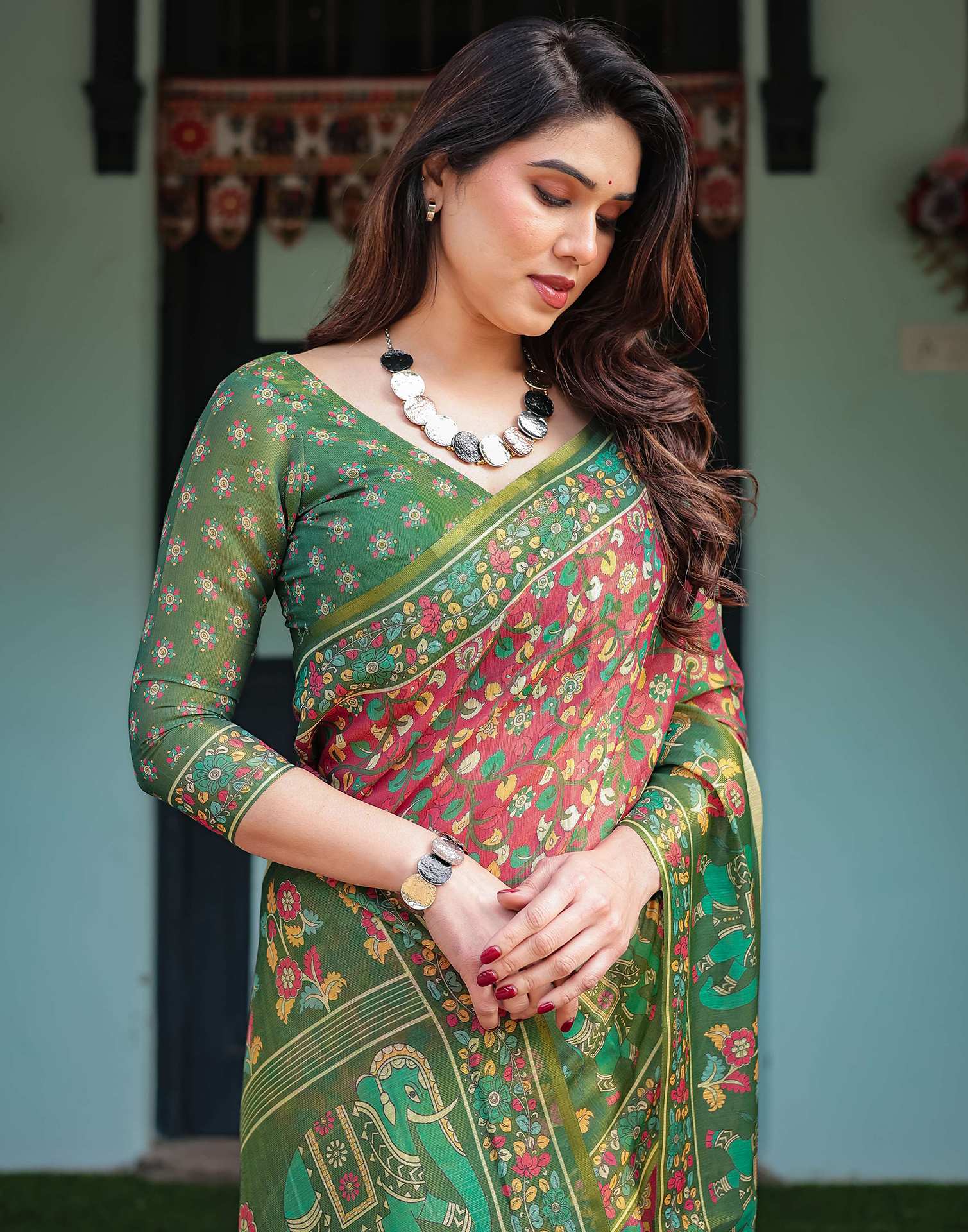 Rani Pink Linen Kalamkari Saree - Image 4