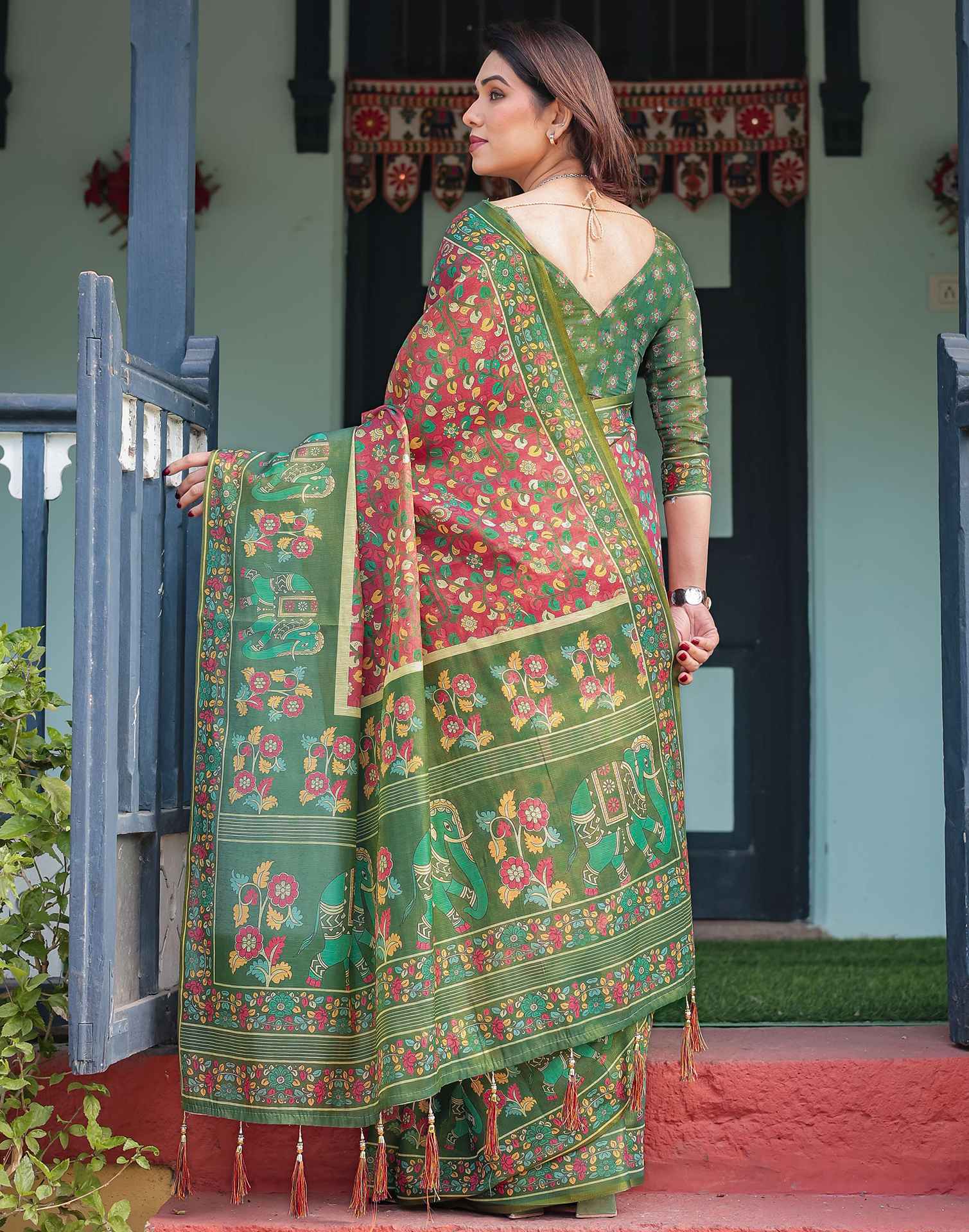 Rani Pink Linen Kalamkari Saree - Image 5
