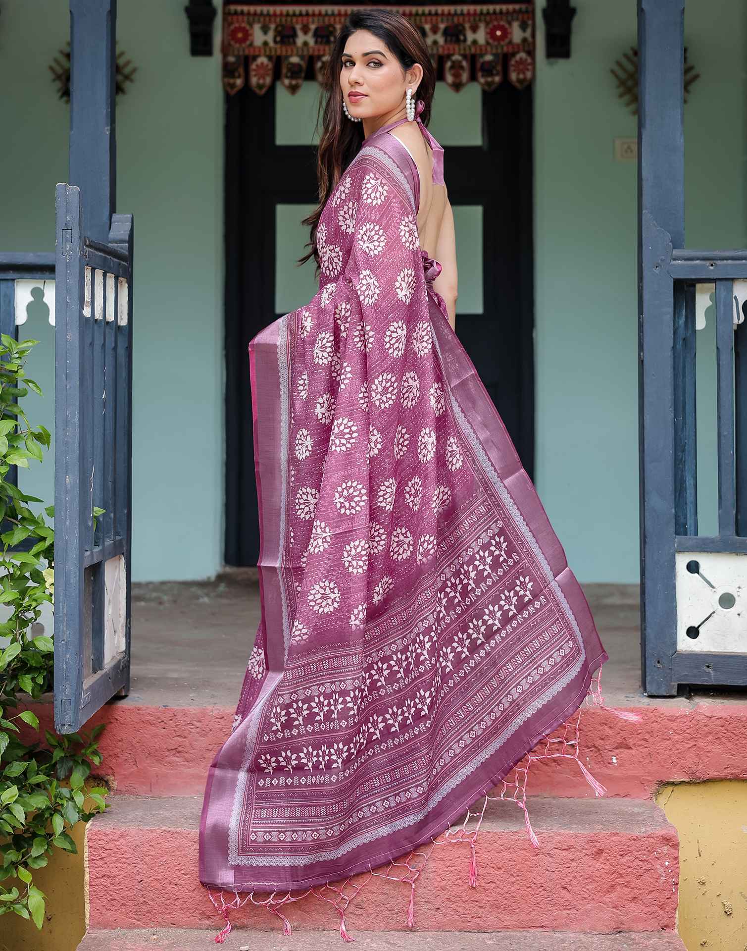 Rani Pink Linen Printed Saree - Image 6