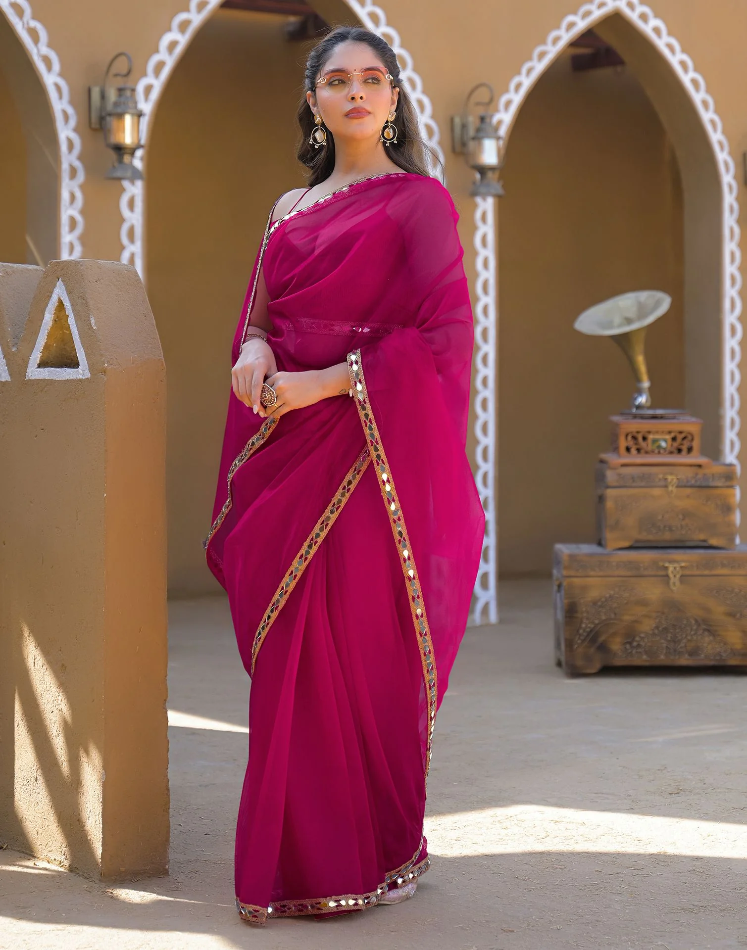 Rani Pink Net Mirror Work Lace Saree - Image 7