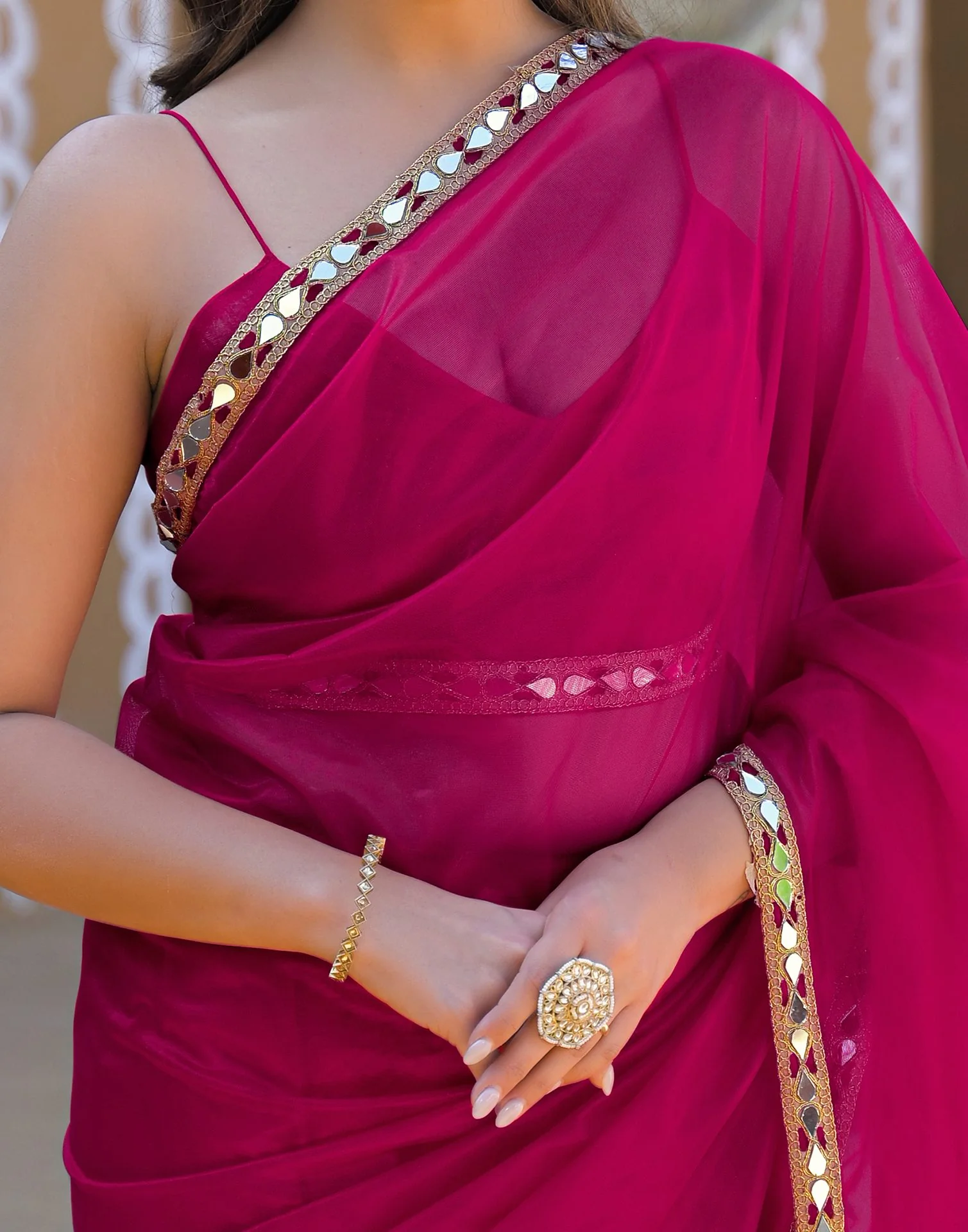Rani Pink Net Mirror Work Lace Saree - Image 8