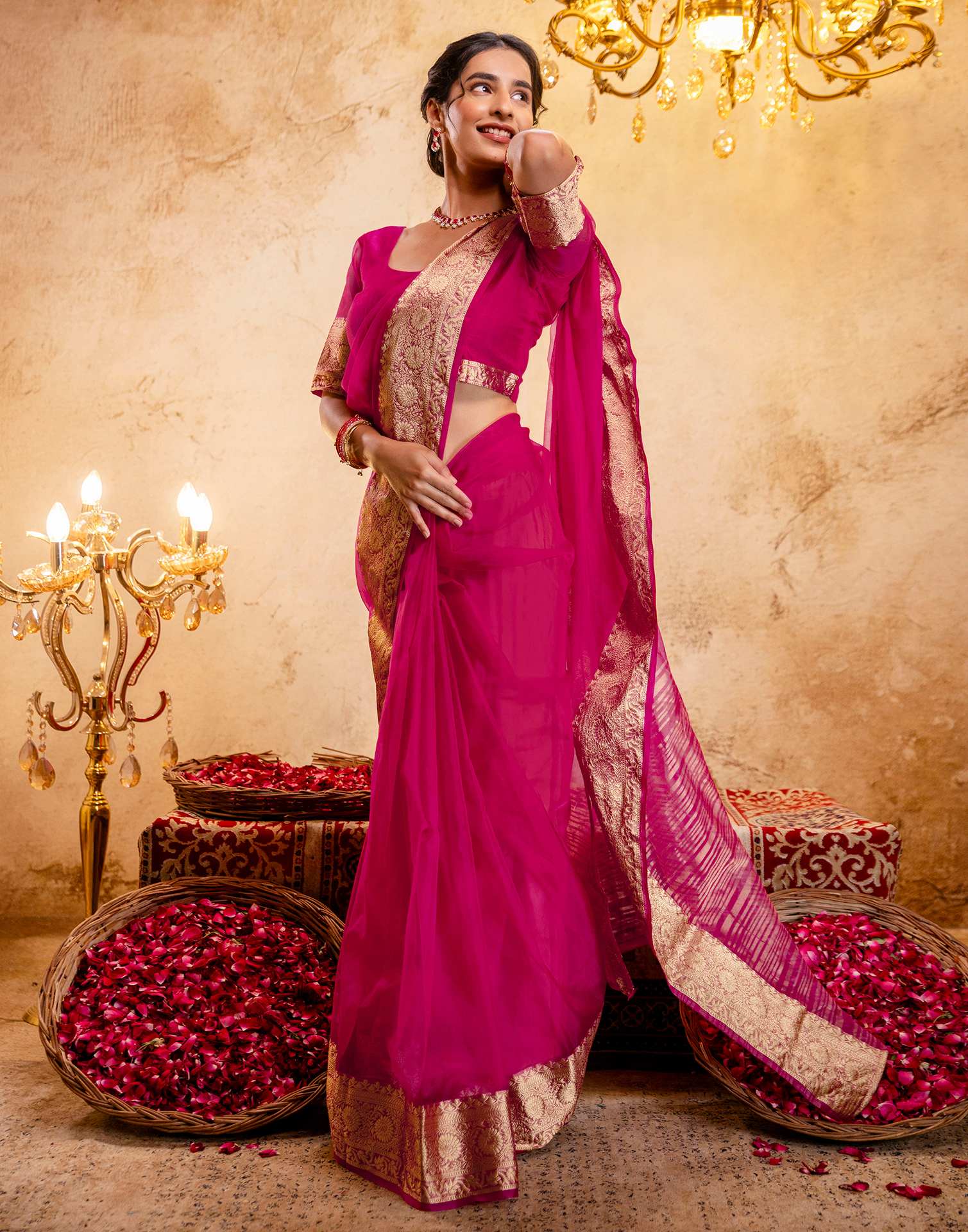 Rani Pink Organza Woven Border Saree - Image 10