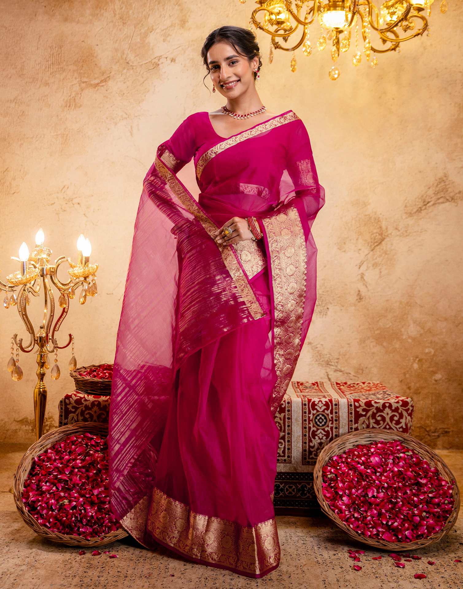 Rani Pink Organza Woven Border Saree - Image 6