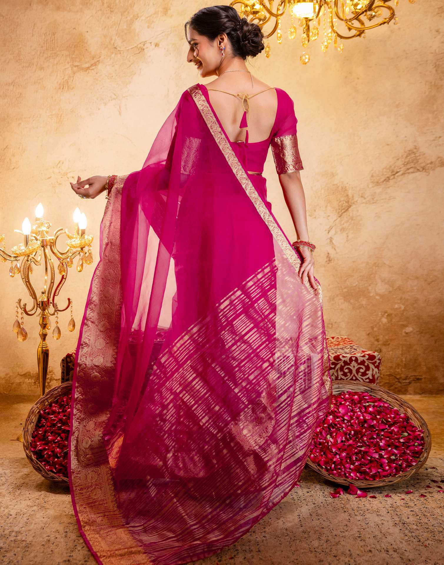 Rani Pink Organza Woven Border Saree - Image 8