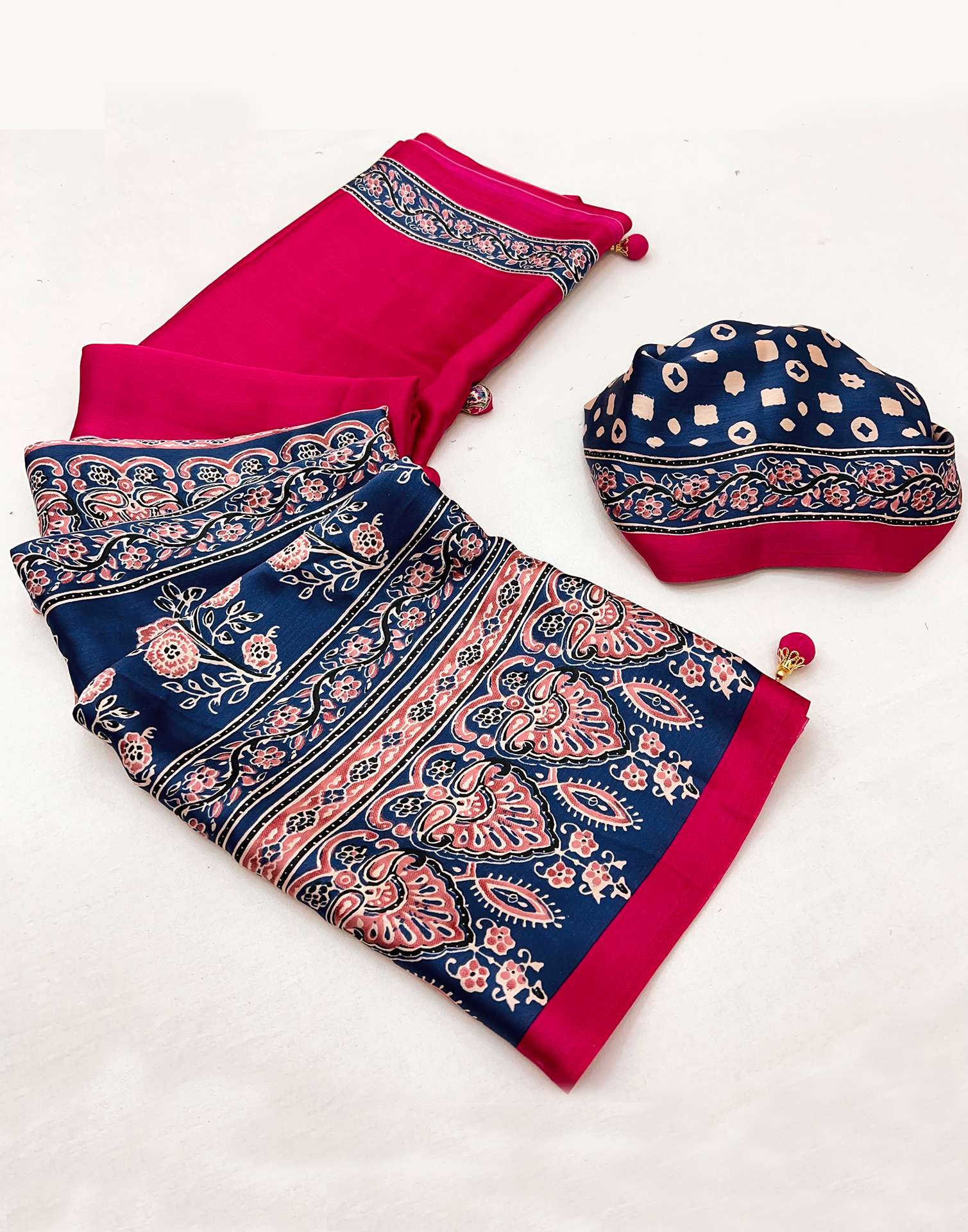 Rani Pink Satin Printed Saree - Image 10