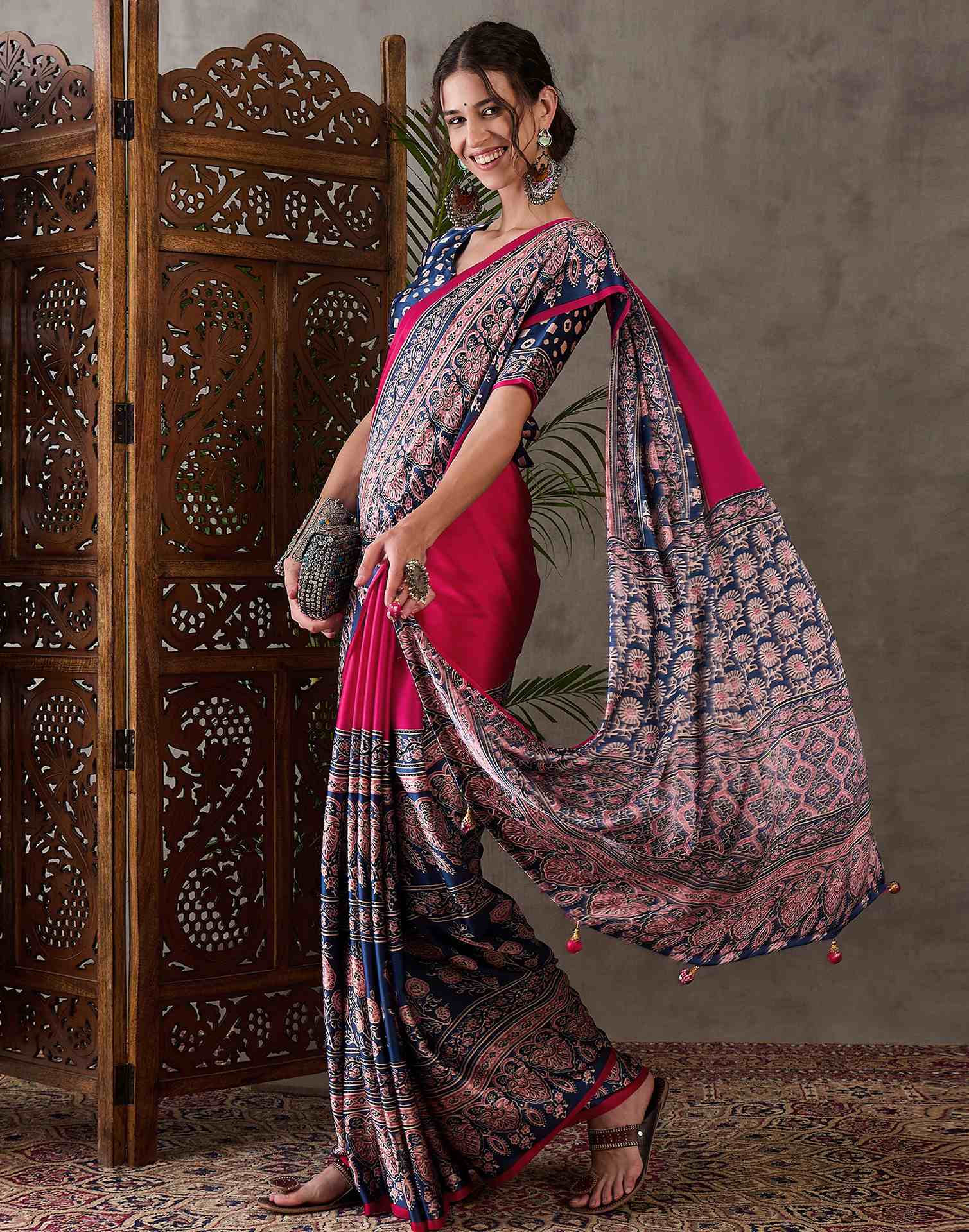 Rani Pink Satin Printed Saree - Image 5