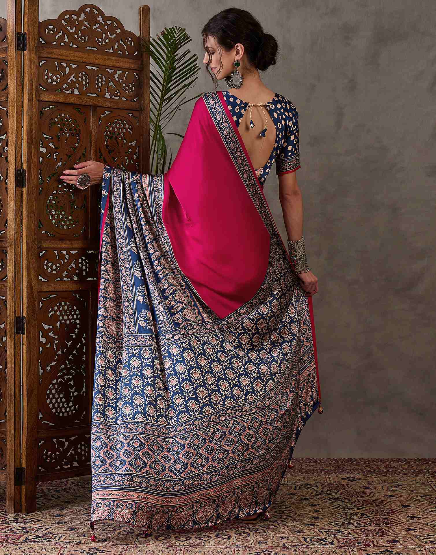 Rani Pink Satin Printed Saree - Image 6