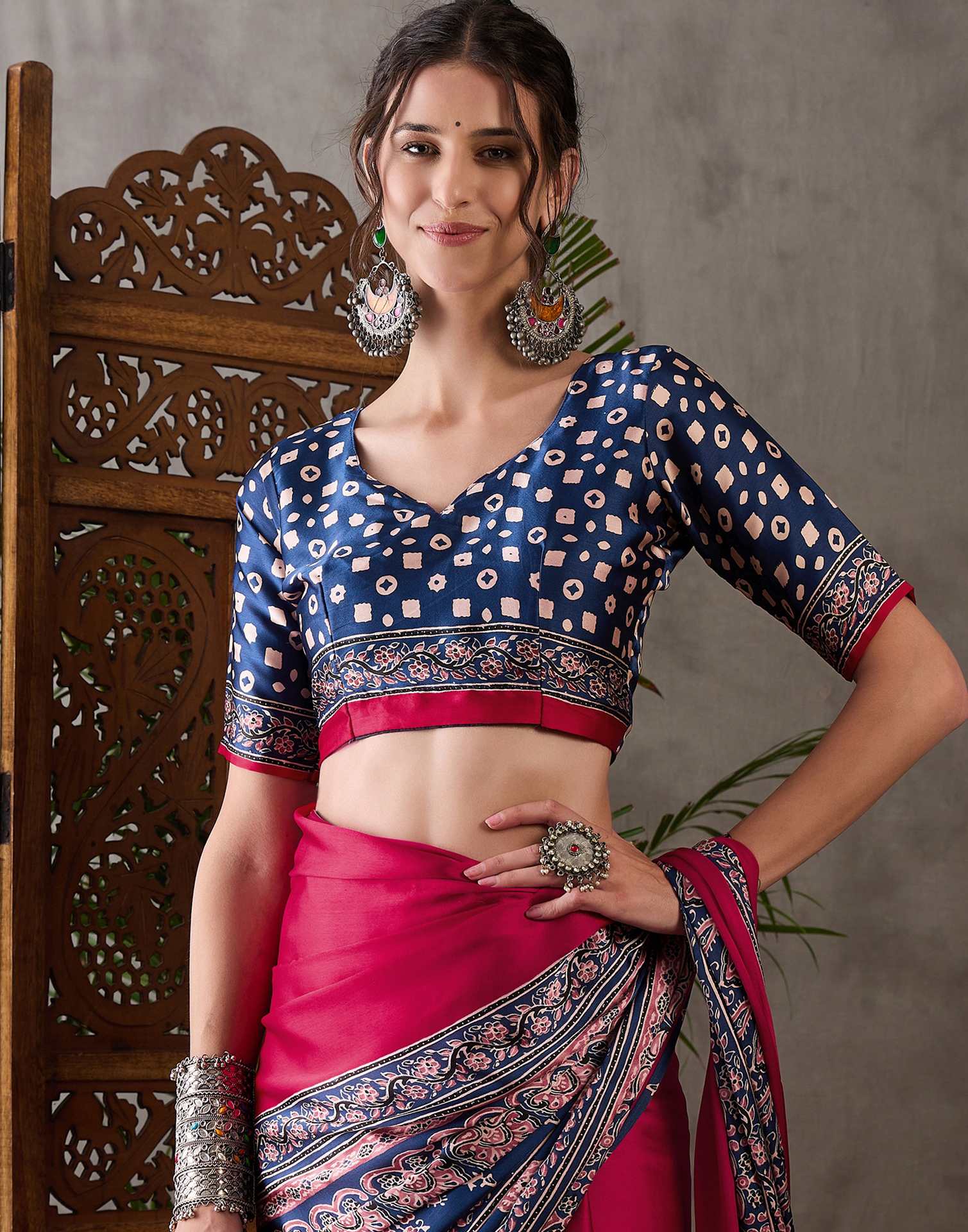 Rani Pink Satin Printed Saree - Image 8