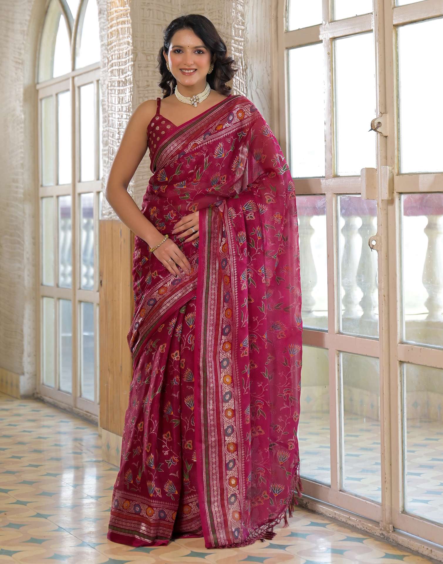 Rani Pink Shimmer Chiffon Foil Printed Saree - Image 2
