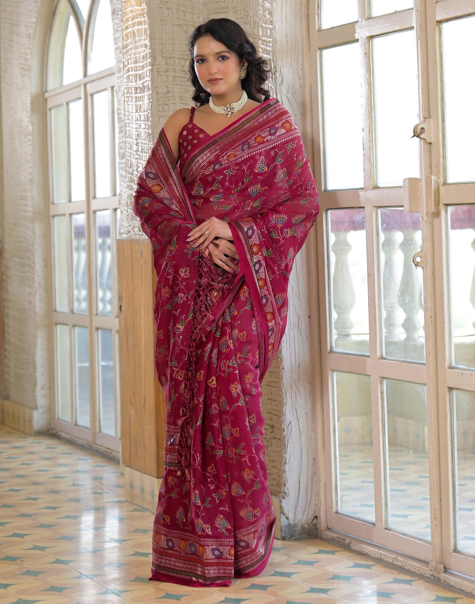 Rani Pink Shimmer Chiffon Foil Printed Saree - Image 5