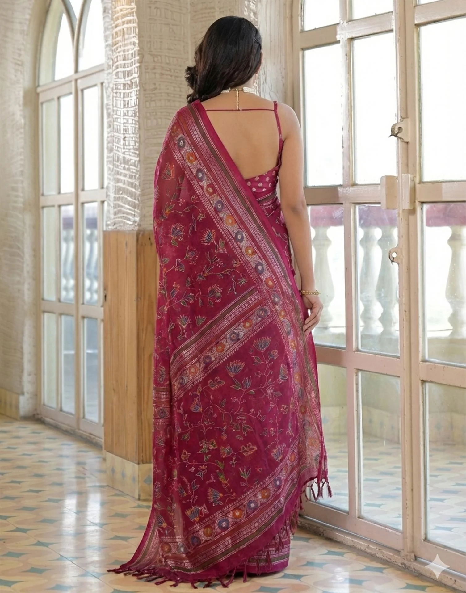 Rani Pink Shimmer Chiffon Foil Printed Saree - Image 6