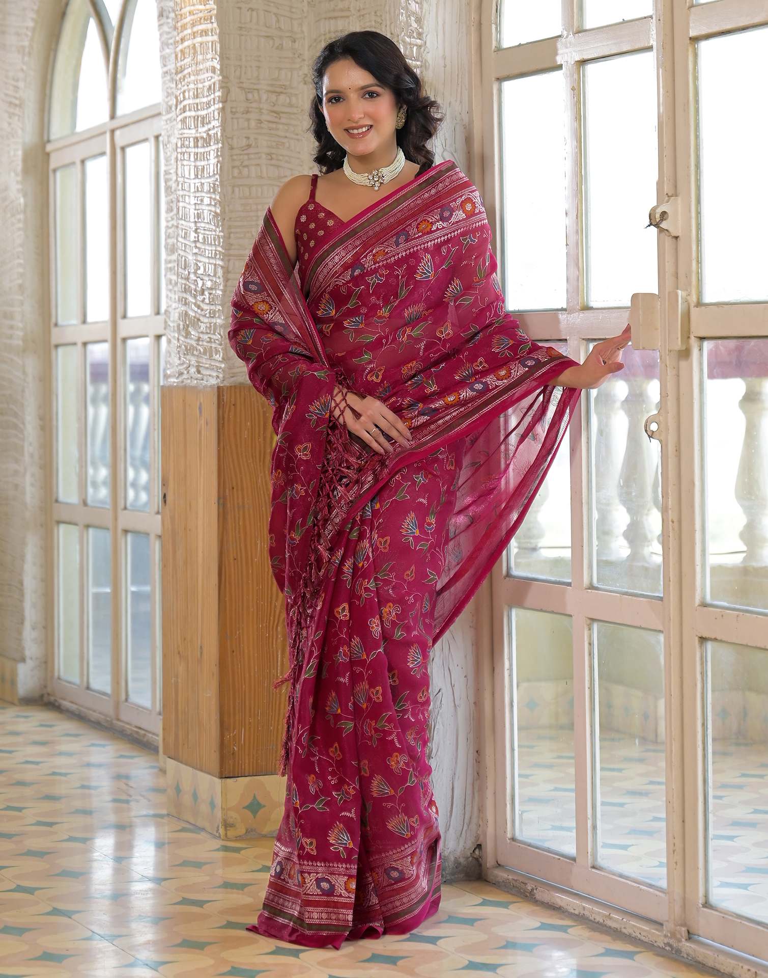 Rani Pink Shimmer Chiffon Foil Printed Saree - Image 8