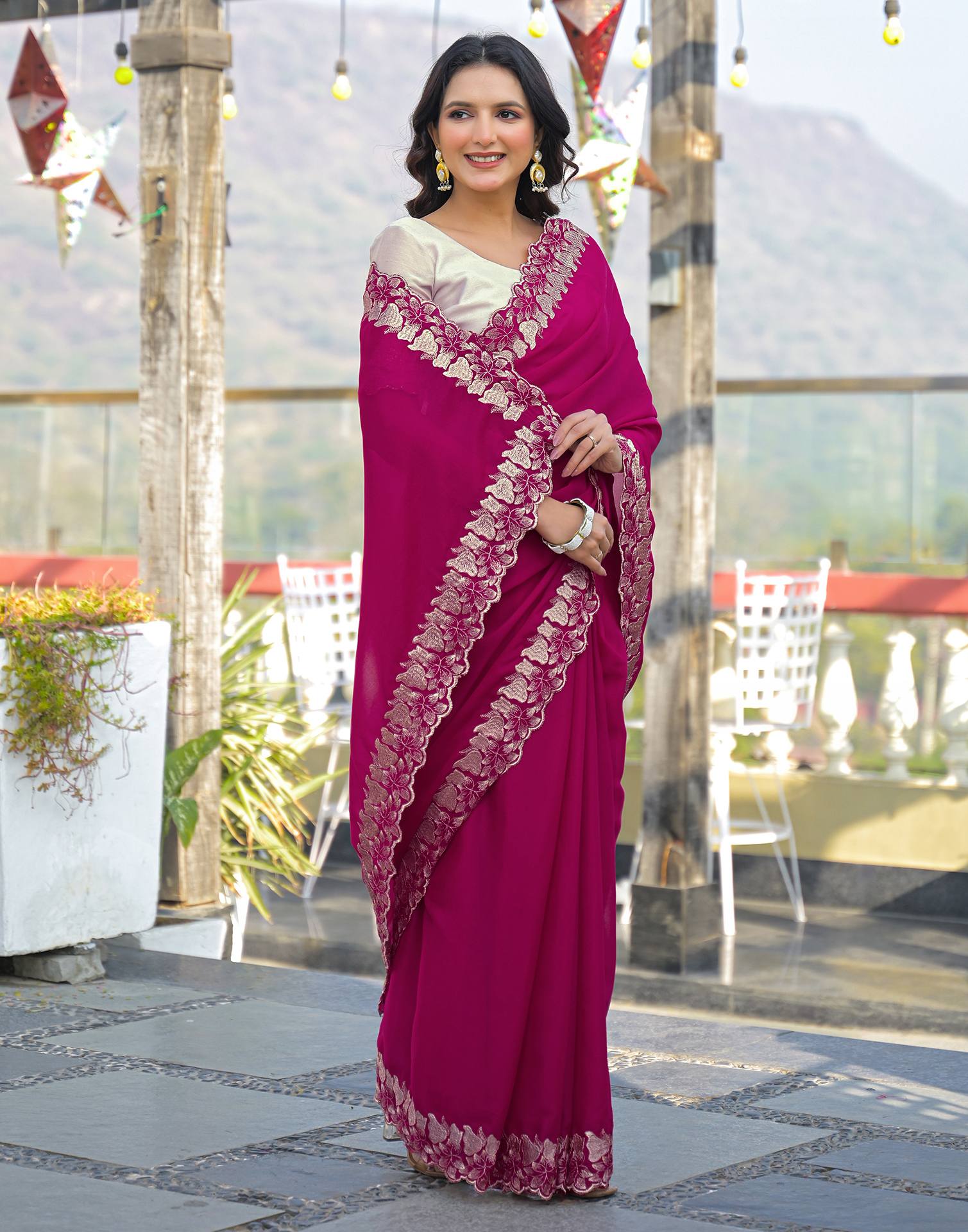 Rani Pink Shimmer Georgette Embroidery Saree - Image 5