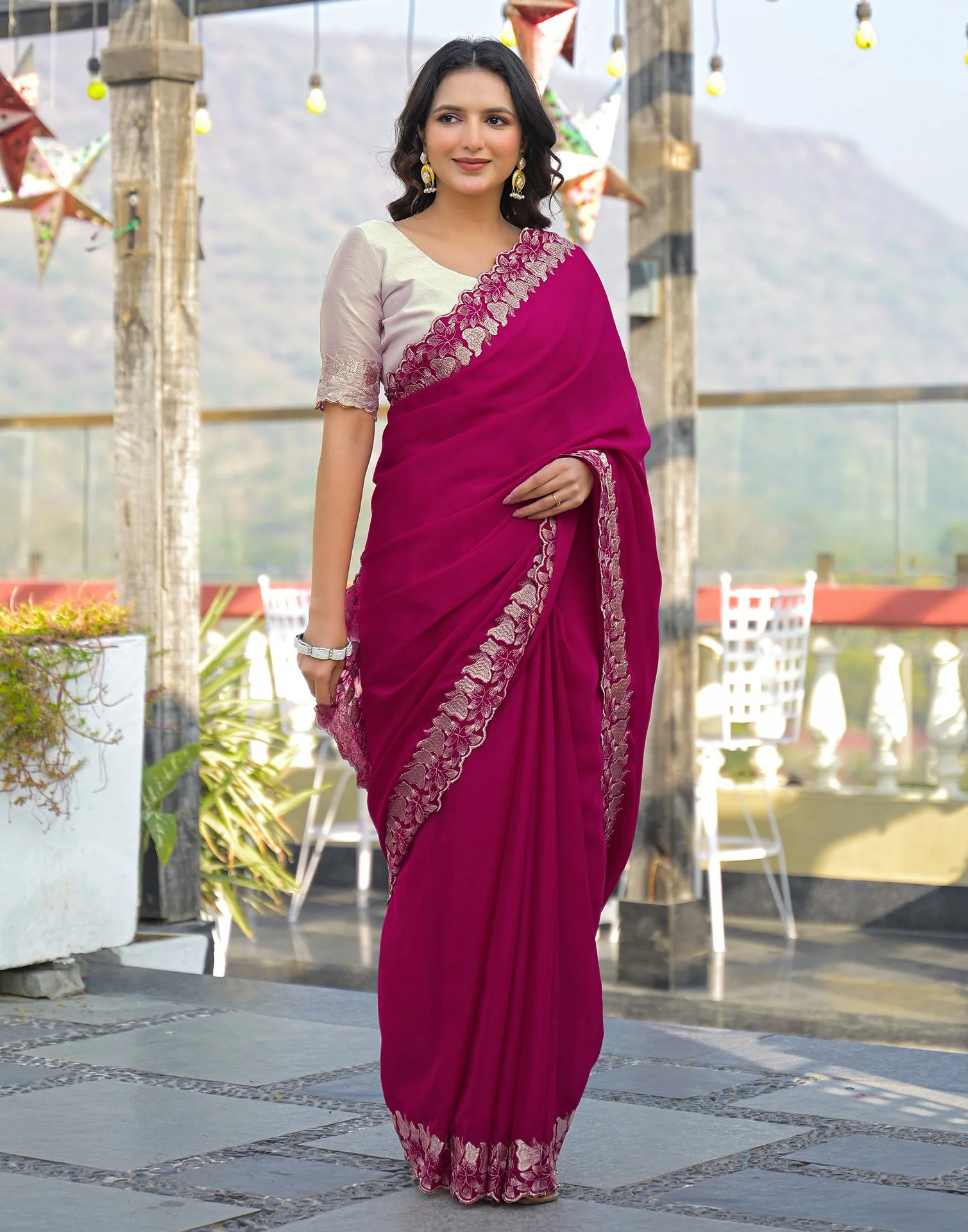 Rani Pink Shimmer Georgette Embroidery Saree - Image 7