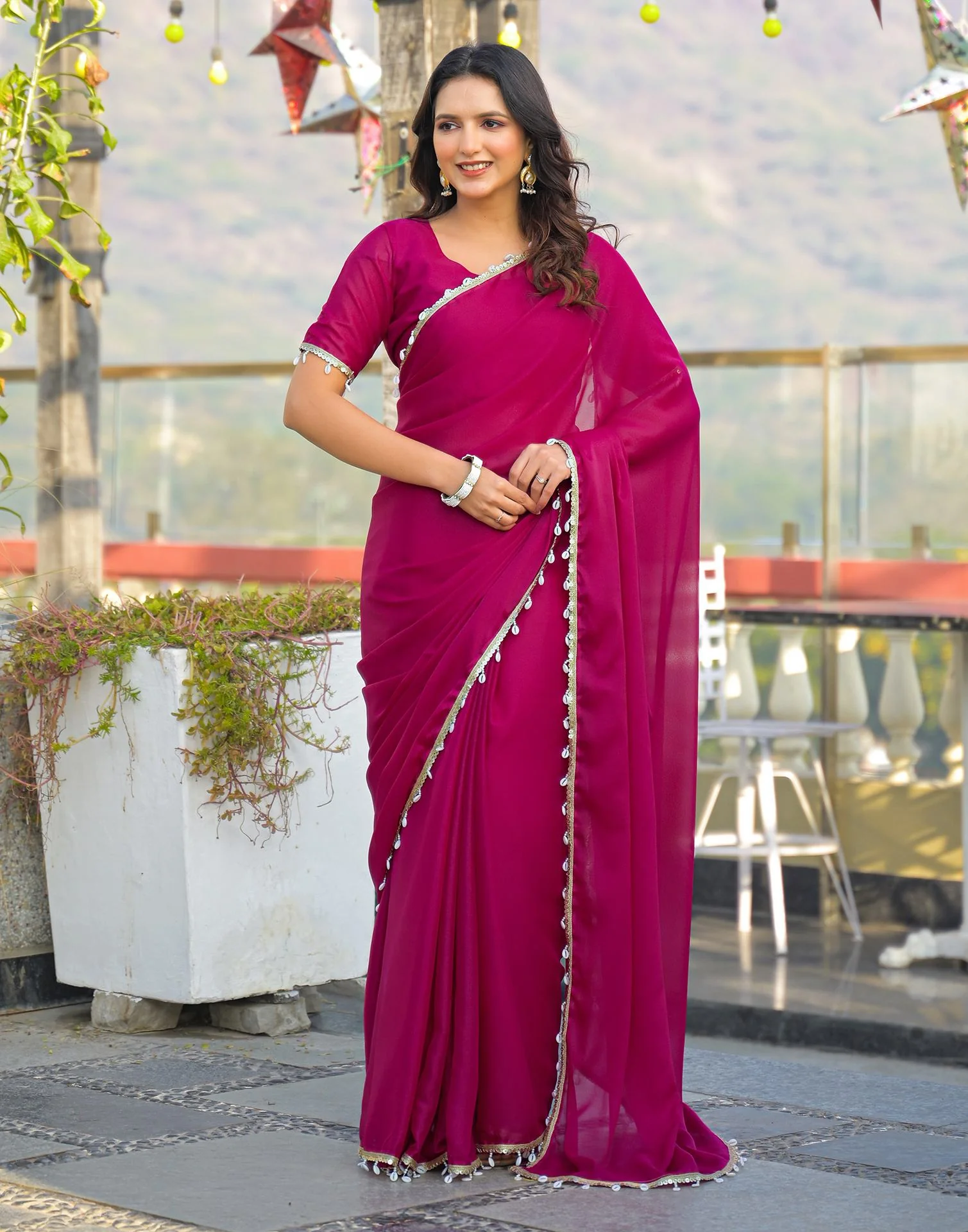 Rani Pink Shimmer Lace Saree