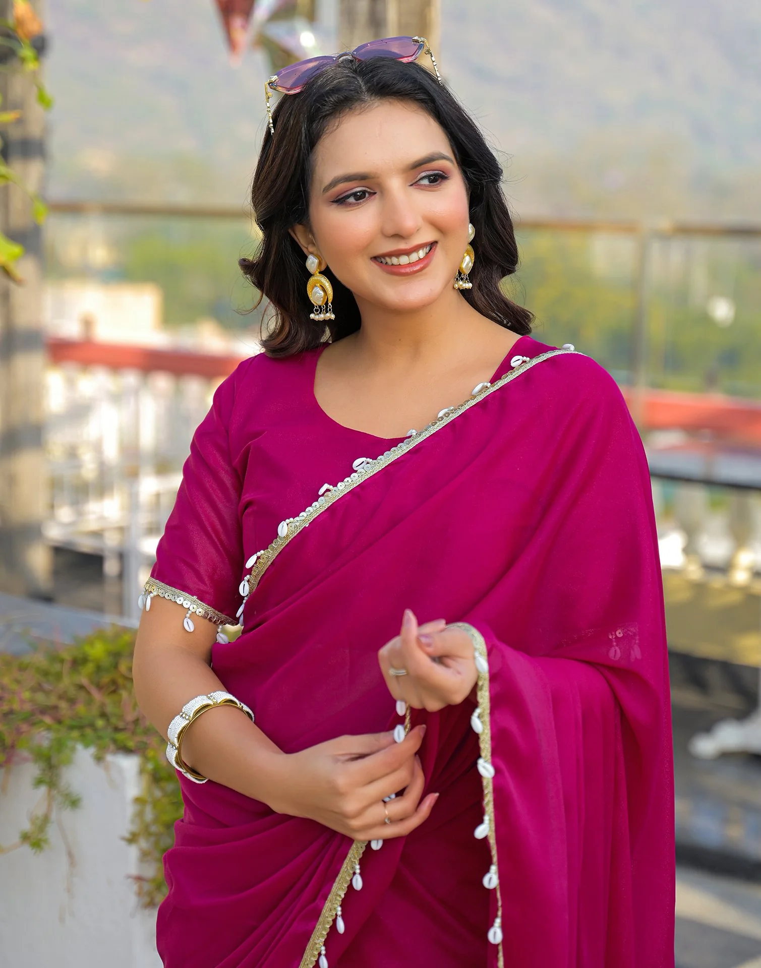 Rani Pink Shimmer Lace Saree - Image 2