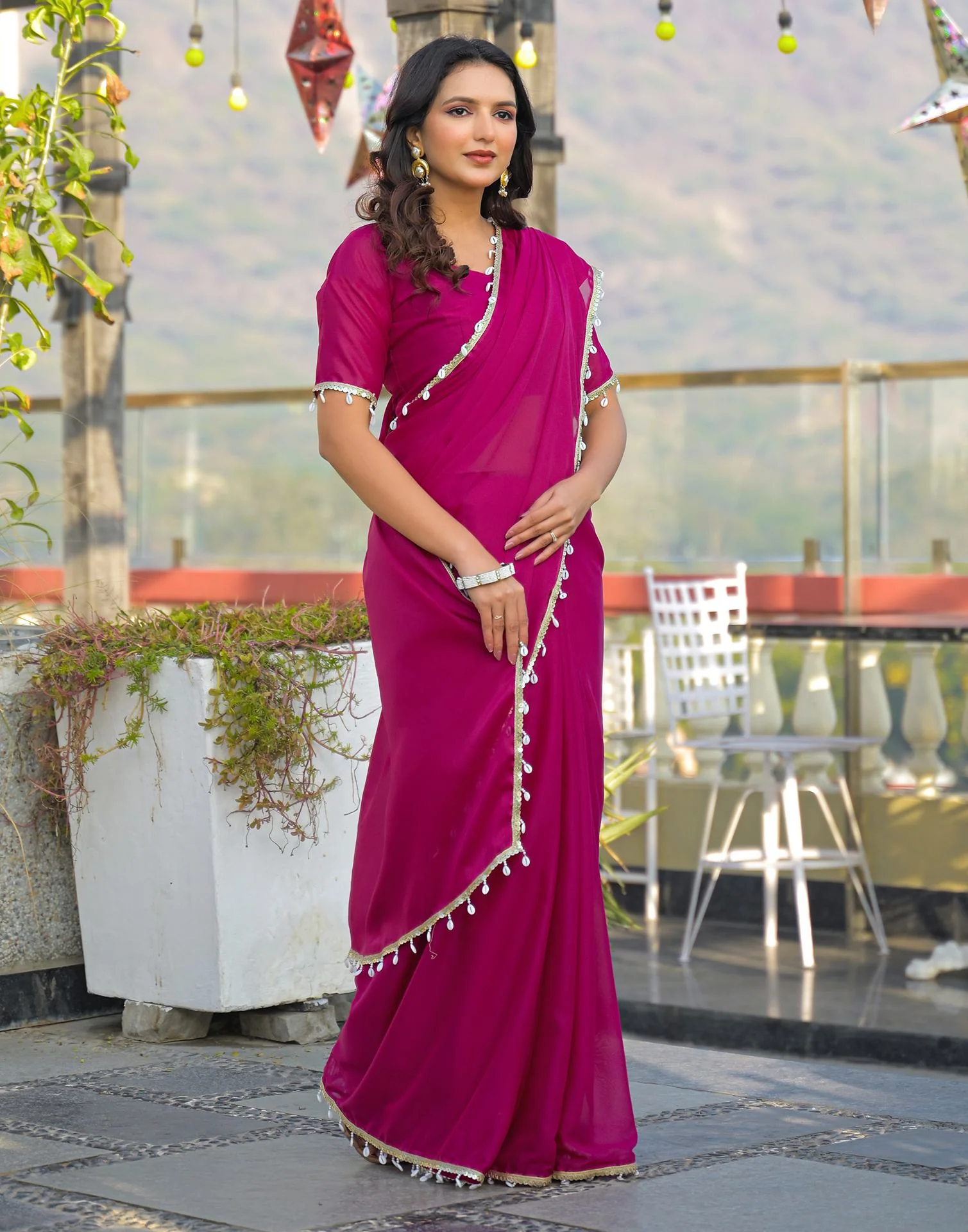 Rani Pink Shimmer Lace Saree - Image 5